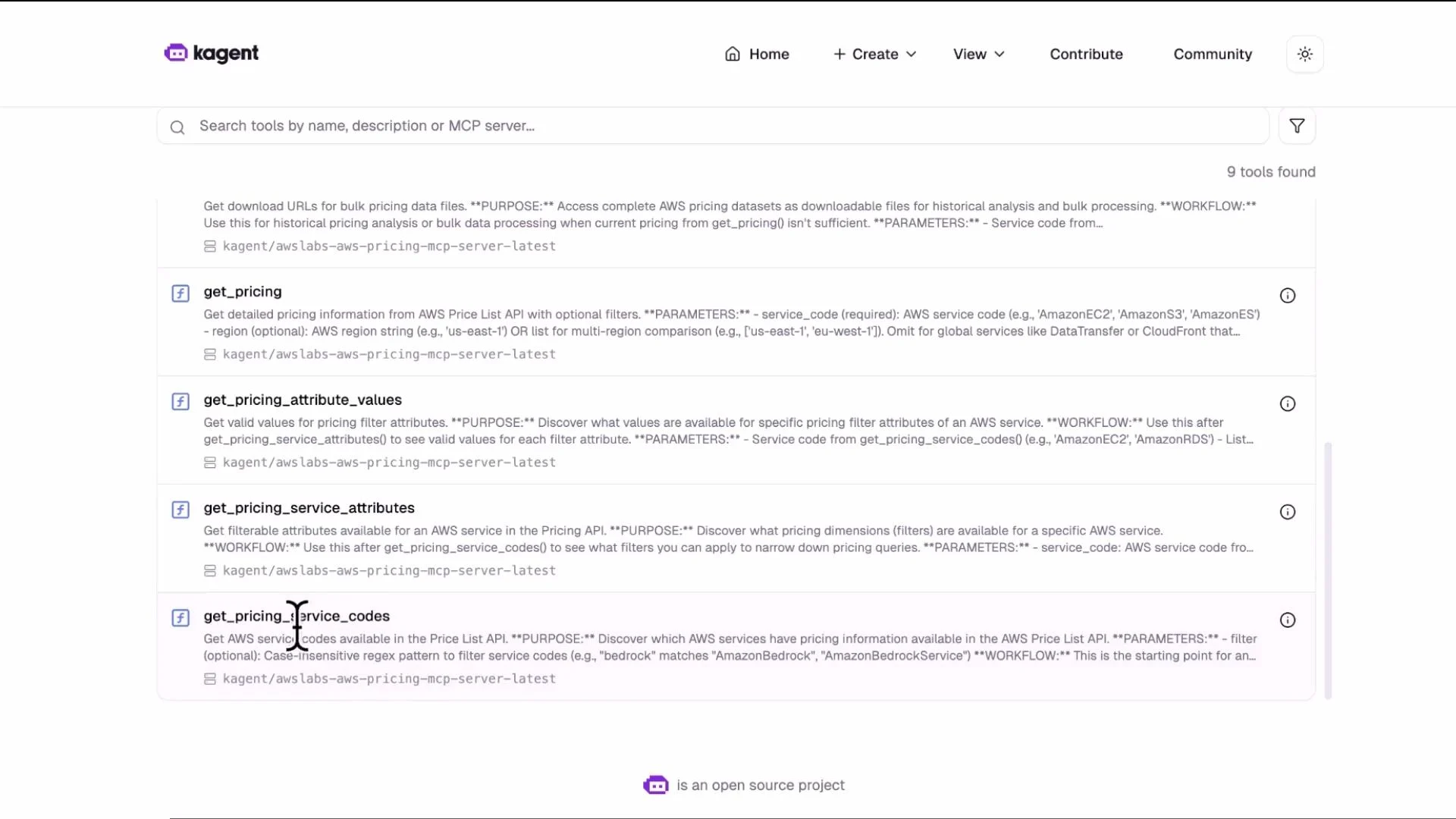 A webpage screenshot of the "kagent" site showing a search bar and a list of AWS pricing API tools (e.g., get_pricing, get_pricing_attribute_values) with short descriptions. The interface shows navigation links at the top and a count of "9 tools found."