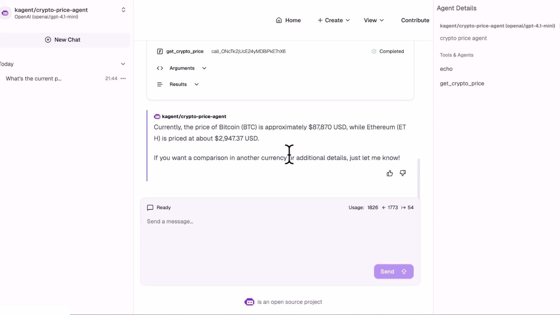 A screenshot of a chat interface showing a "crypto-price-agent" response that lists Bitcoin at about 87,870 USD and Ethereum at about 2,947.37 USD. The page also shows chat controls, a sidebar with "New Chat," and agent details/tools.