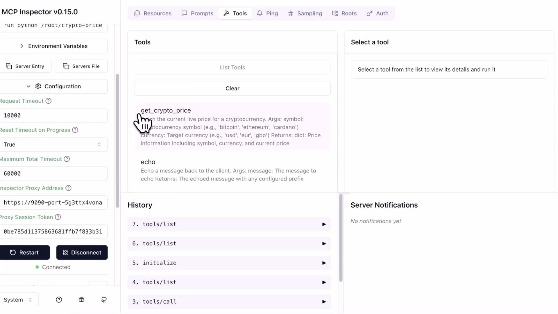 A screenshot of a developer web UI (MCP Inspector v0.15.0) showing a Tools panel with a hand cursor over a "get_crypto_price" entry and other tool items like "echo." The left side shows configuration settings and the right pane prompts to "Select a tool," with a history list below.