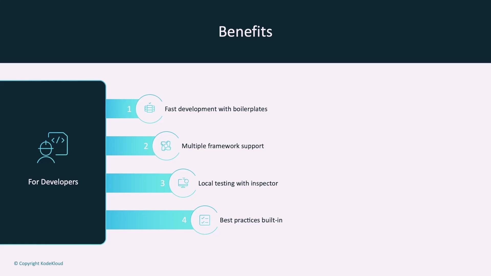 A presentation slide titled "Benefits" showing a "For Developers" panel and four numbered items: fast development with boilerplates, multiple framework support, local testing with inspector, and best practices built-in. The layout uses teal accents, icons, and a dark left sidebar.