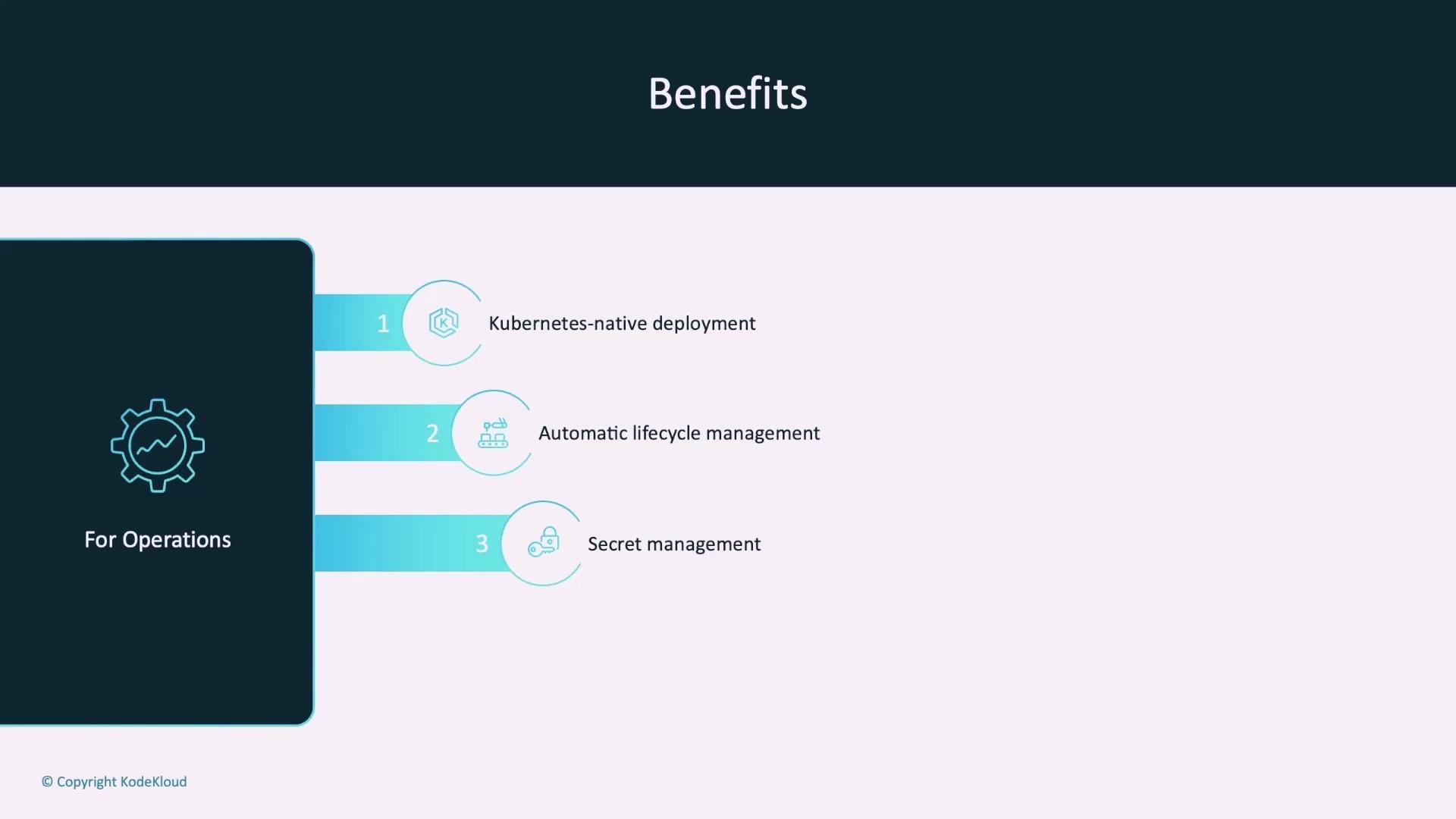 A presentation slide titled "Benefits" listing three operations items: Kubernetes-native deployment, automatic lifecycle management, and secret management. A dark left panel labeled "For Operations" shows a gear icon.