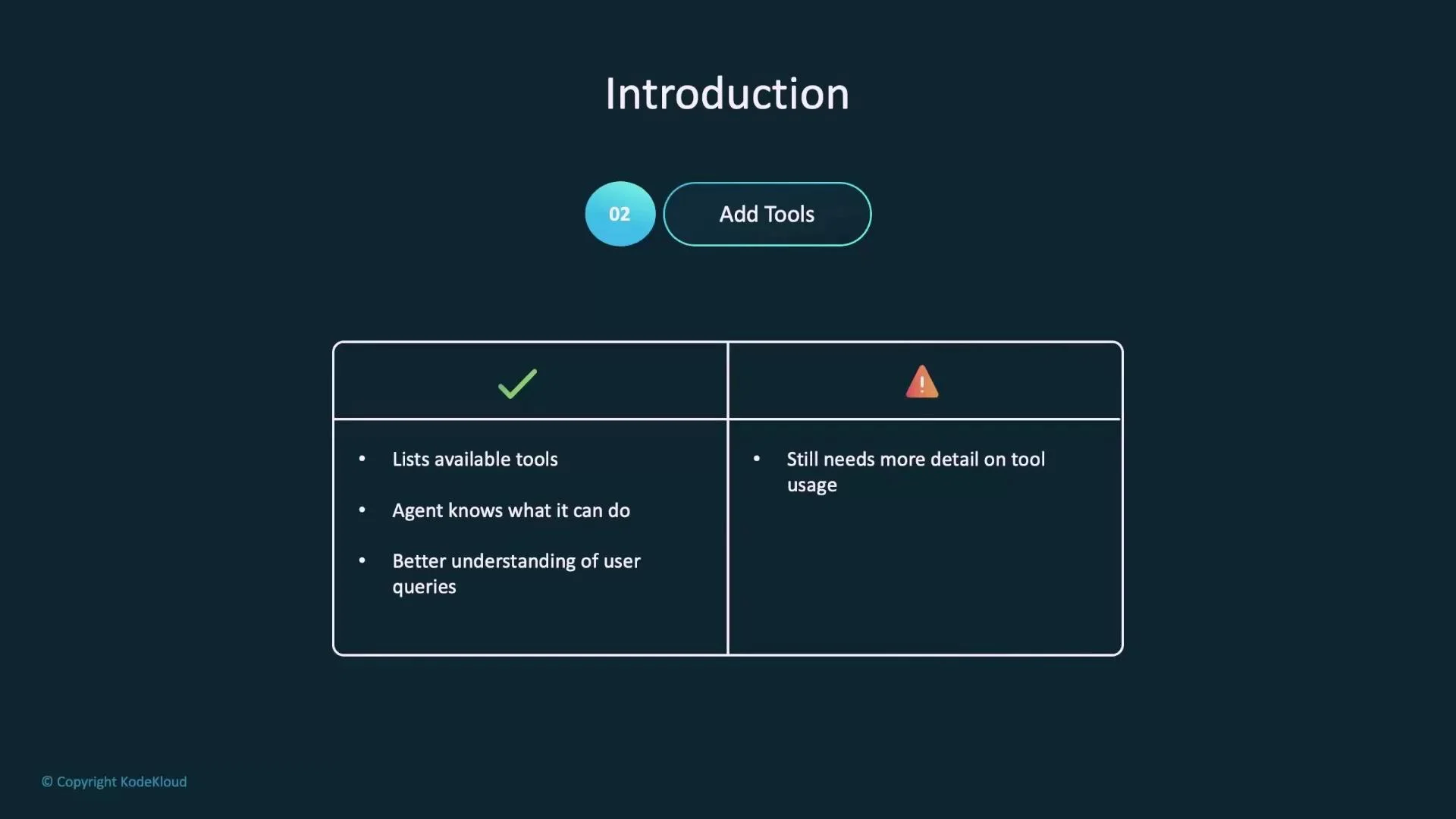 A presentation slide titled "Introduction" showing step "02 Add Tools." A two-column box lists pros (green check) like "lists available tools" and "agent knows what it can do" and a con (warning icon) noting "still needs more detail on tool usage."