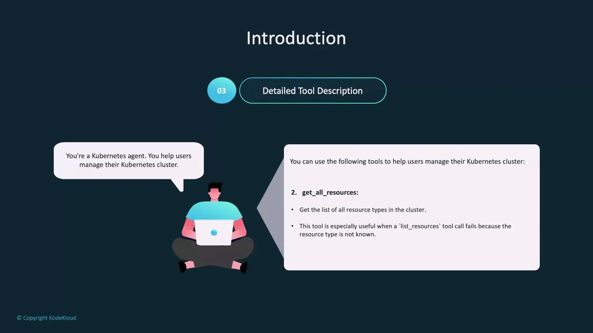 A dark-themed presentation slide titled "Introduction" with an illustrated person using a laptop and a speech bubble saying "You're a Kubernetes agent. You help users manage their Kubernetes cluster." To the right is a text panel describing a tool called "get_all_resources" for managing Kubernetes resources.