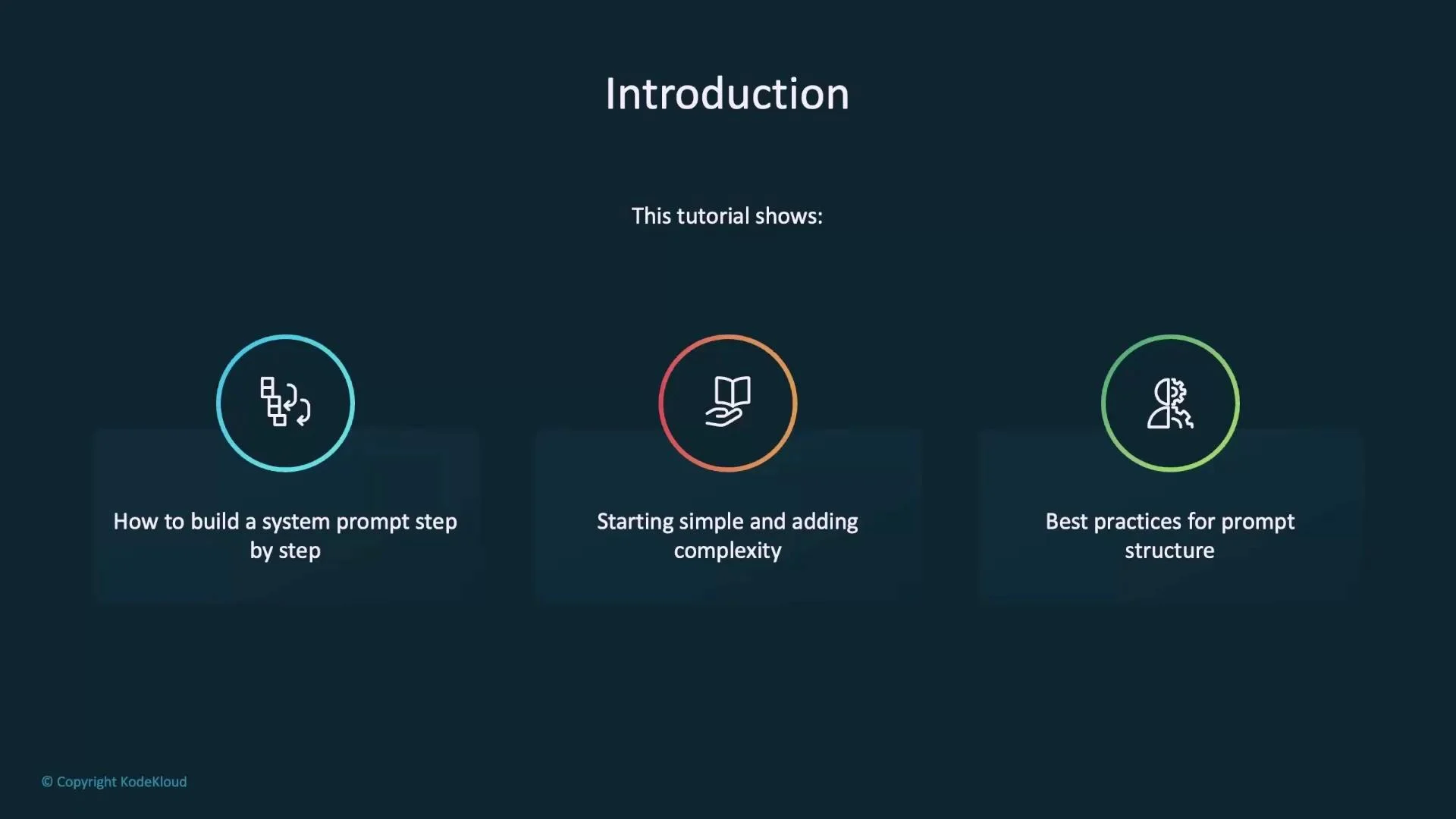 A presentation slide titled "Introduction" with three colored circular icons and captions outlining a tutorial: "How to build a system prompt step by step," "Starting simple and adding complexity," and "Best practices for prompt structure." The slide uses a dark background and simple line icons.