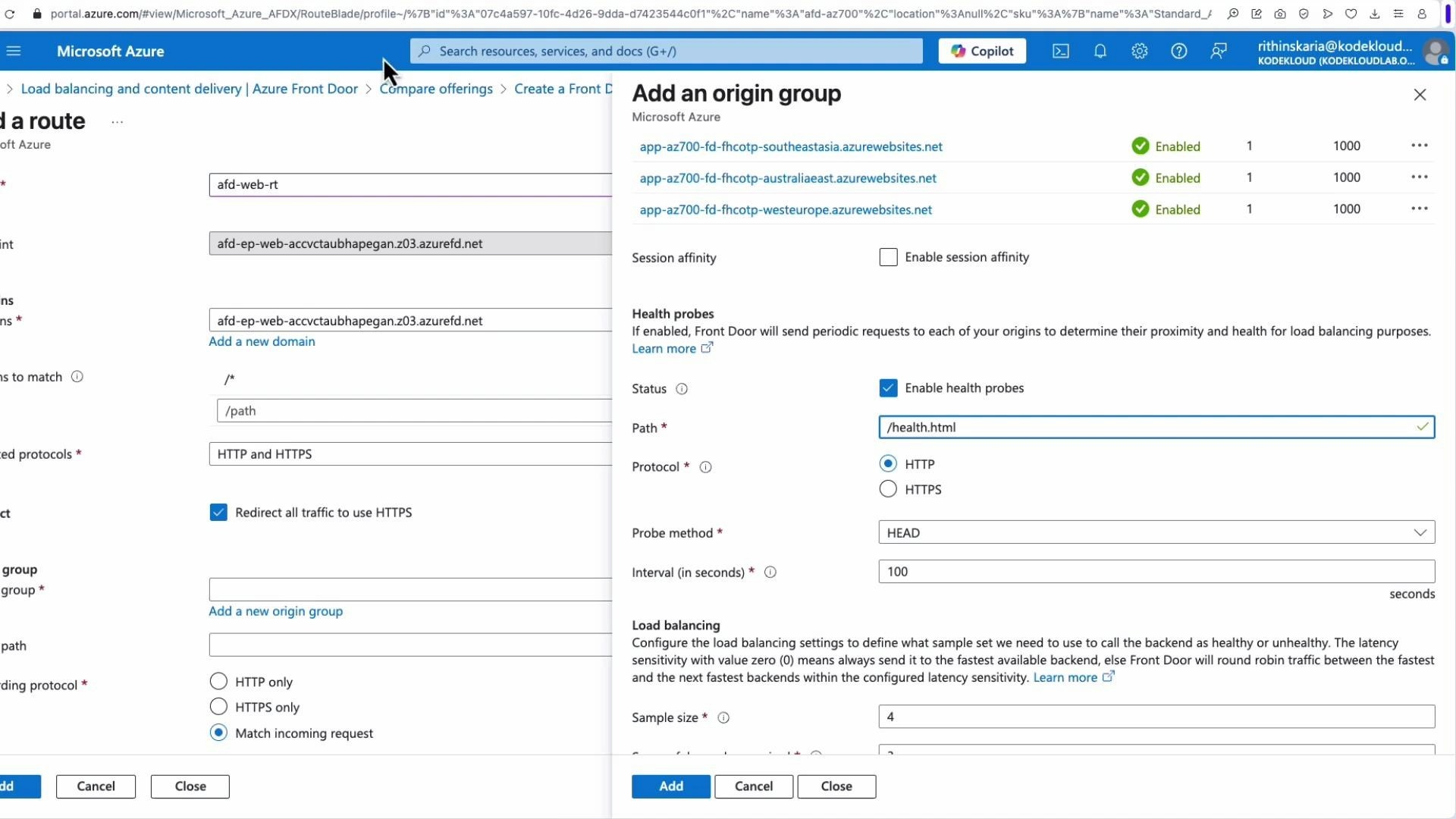 Screenshot of the Microsoft Azure portal showing an "Add an origin group" dialog for Azure Front Door. The panel displays health probe settings (path "/health.html", HTTP protocol, HEAD probe) with a route creation form visible in the background.