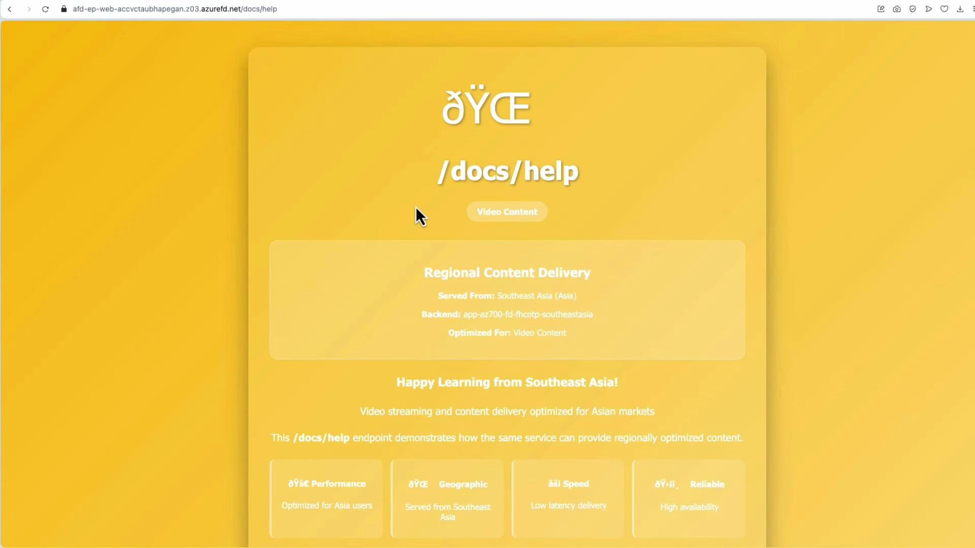 A bright yellow webpage screenshot showing a "/docs/help" page header and a "Regional Content Delivery" panel that states the content is served from Southeast Asia. The page also includes buttons and info cards about video content, performance, and geographic optimization.