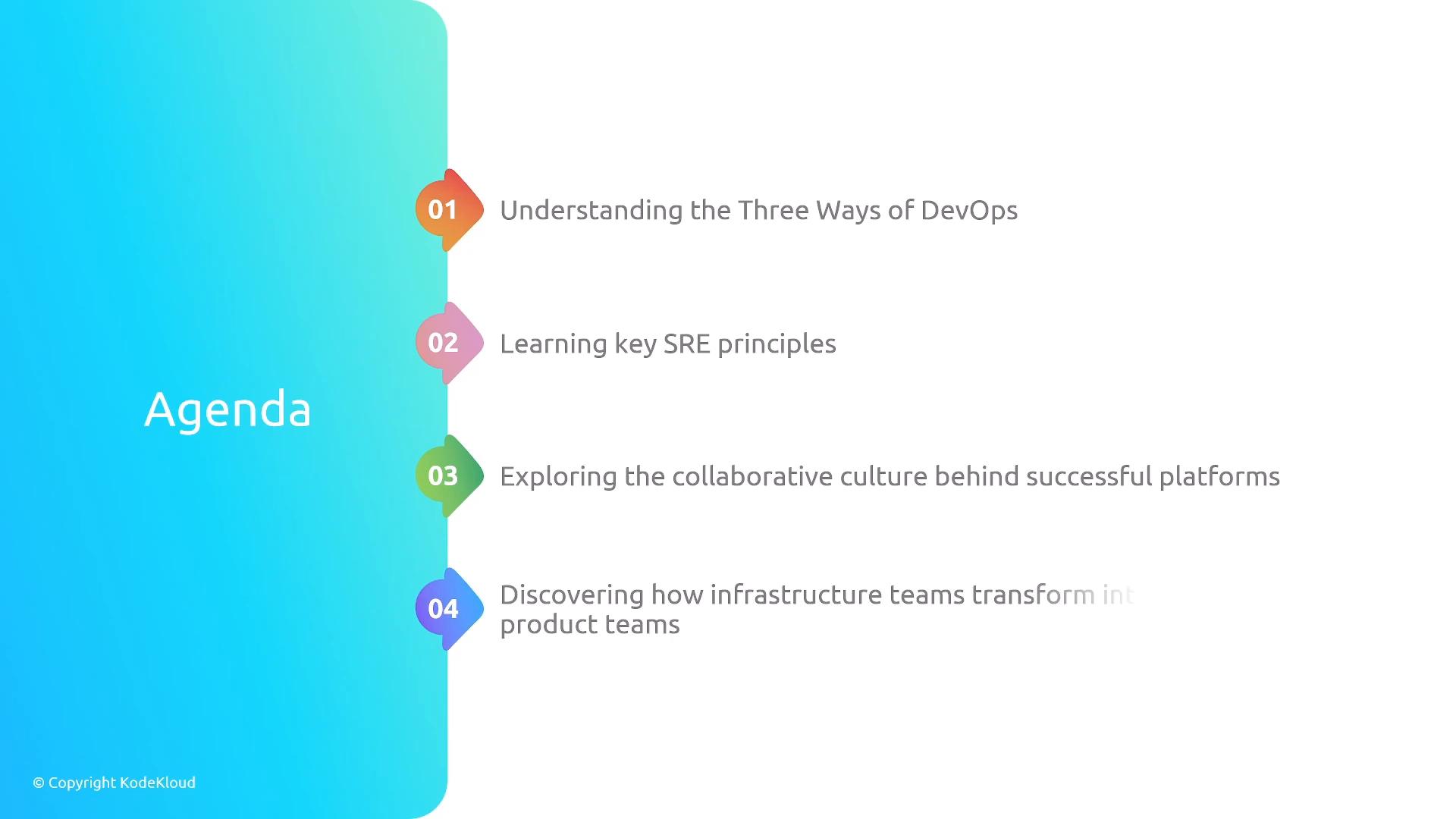 A presentation slide titled "Agenda" with a blue gradient panel on the left and four colorful numbered markers down the middle. The right side lists agenda items about DevOps, SRE principles, collaborative platform culture, and transforming infrastructure teams into product teams.