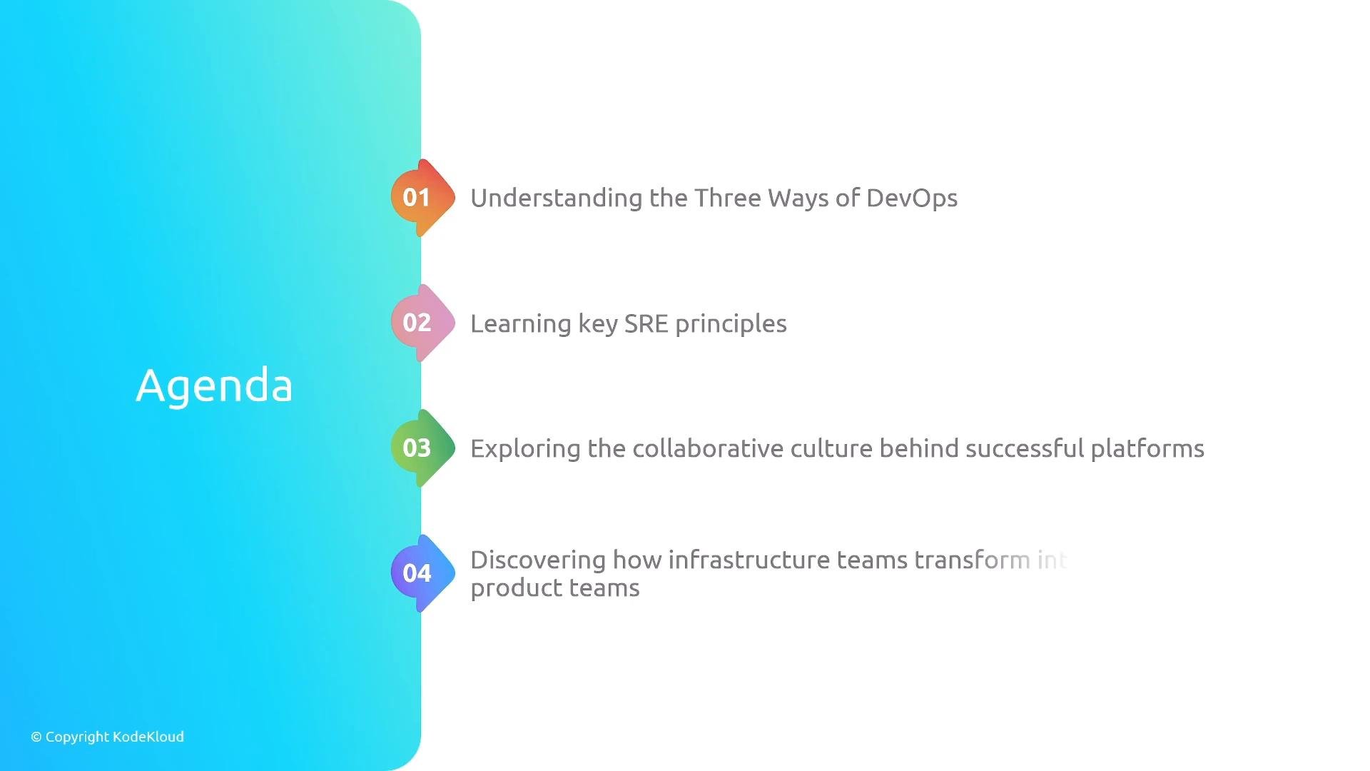 A presentation slide titled "Agenda" with a blue gradient panel on the left and four colorful numbered markers down the middle. The right side lists agenda items about DevOps, SRE principles, collaborative platform culture, and transforming infrastructure teams into product teams.