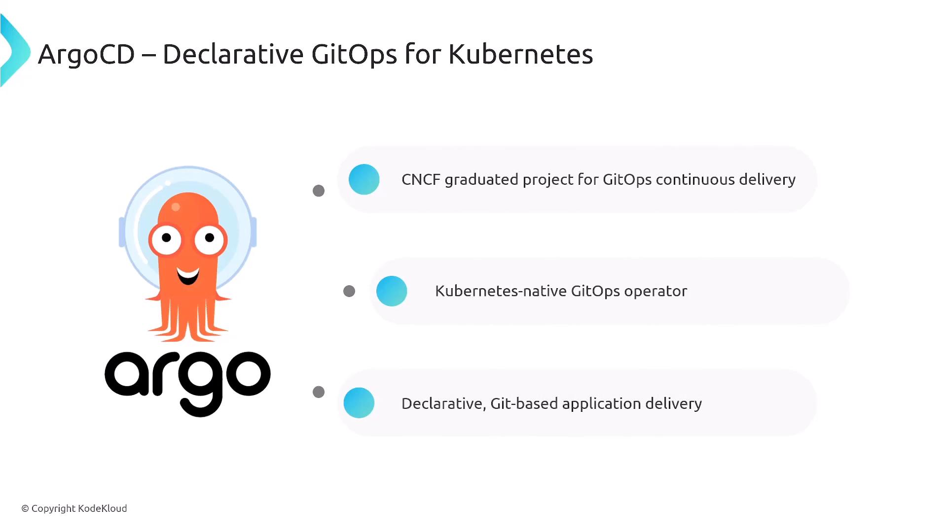A presentation slide for ArgoCD showing the Argo octopus logo and name. It lists key points: CNCF‑graduated GitOps continuous delivery, a Kubernetes‑native GitOps operator, and declarative Git‑based application delivery.