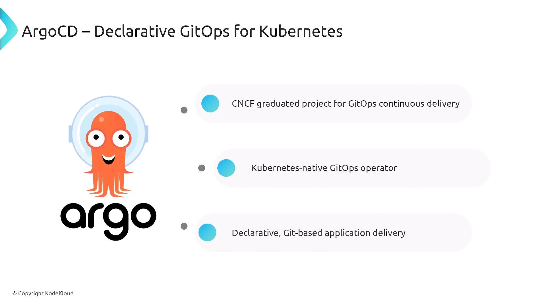 A presentation slide for ArgoCD showing the Argo octopus logo and name. It lists key points: CNCF‑graduated GitOps continuous delivery, a Kubernetes‑native GitOps operator, and declarative Git‑based application delivery.