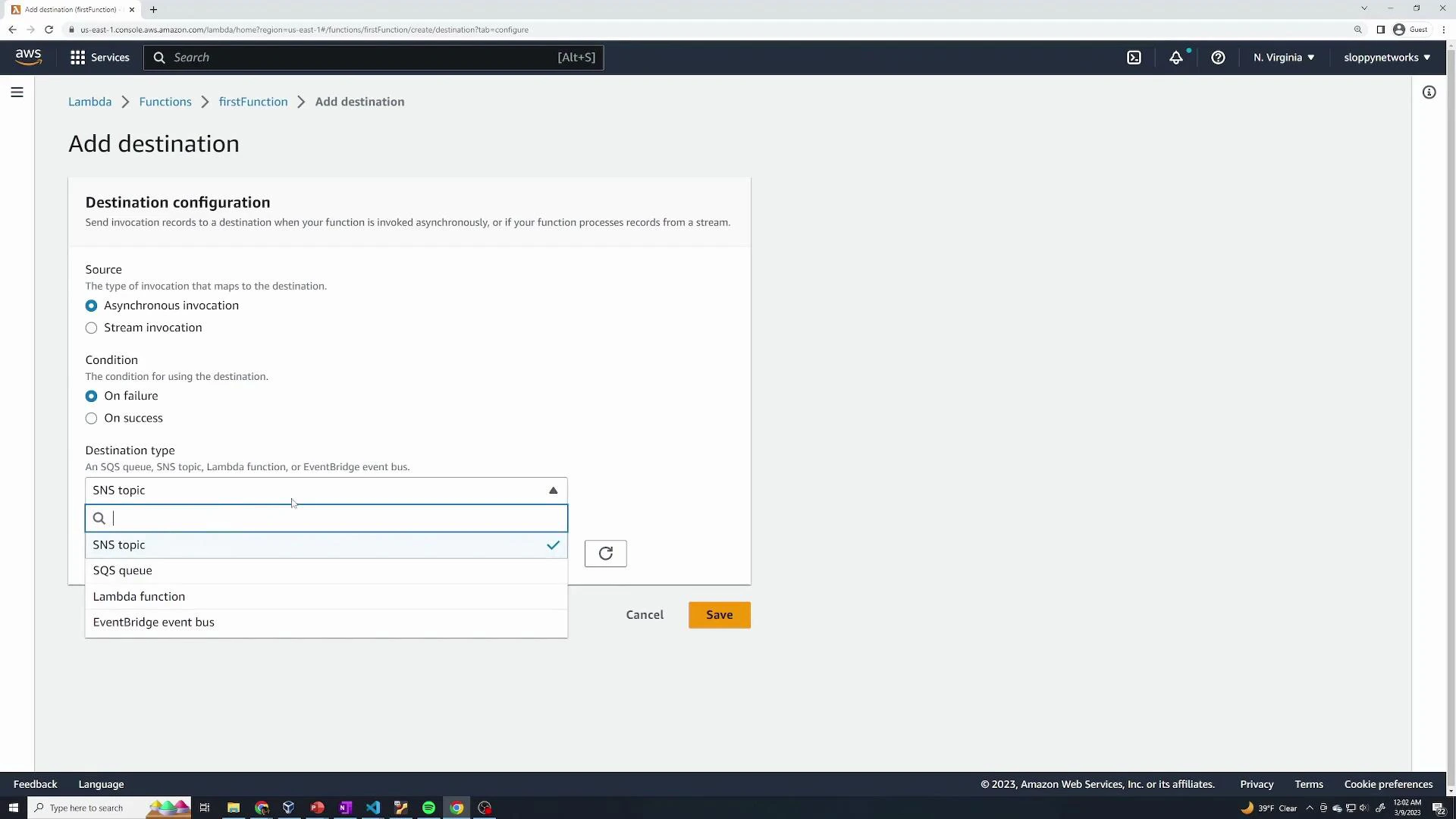A screenshot of the AWS Lambda console showing the "Add destination" configuration page with options for Source (Asynchronous or Stream), Condition (On failure or On success), and a Destination type dropdown listing SNS topic, SQS queue, Lambda function, and EventBridge event bus. The modal includes Cancel and Save buttons at the bottom.