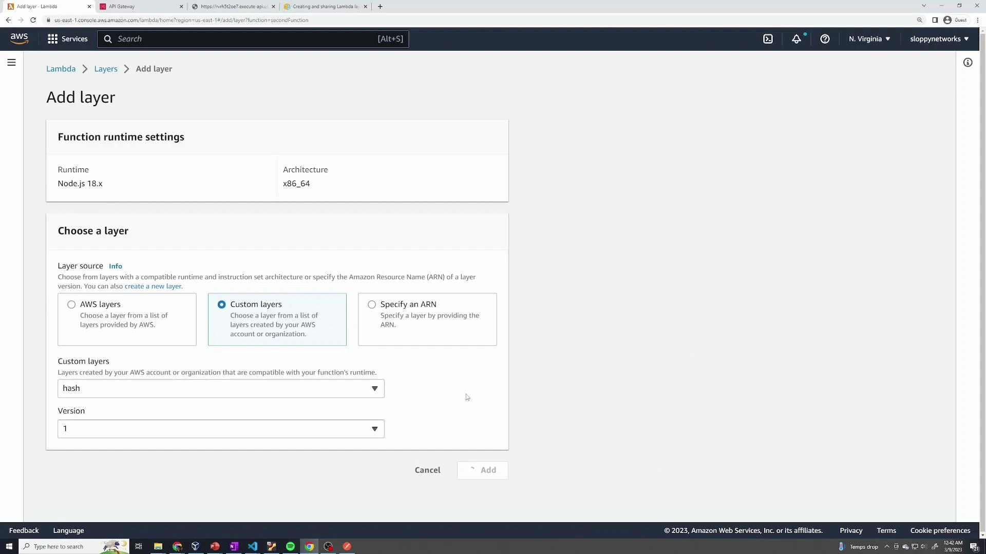A screenshot of the AWS Lambda console "Add layer" page showing function runtime settings (Node.js 18.x, x86_64) and the "Choose a layer" section with "Custom layers" selected, showing a layer named "hash" version 1. The console is shown inside a browser window with multiple tabs and the AWS navigation bar.