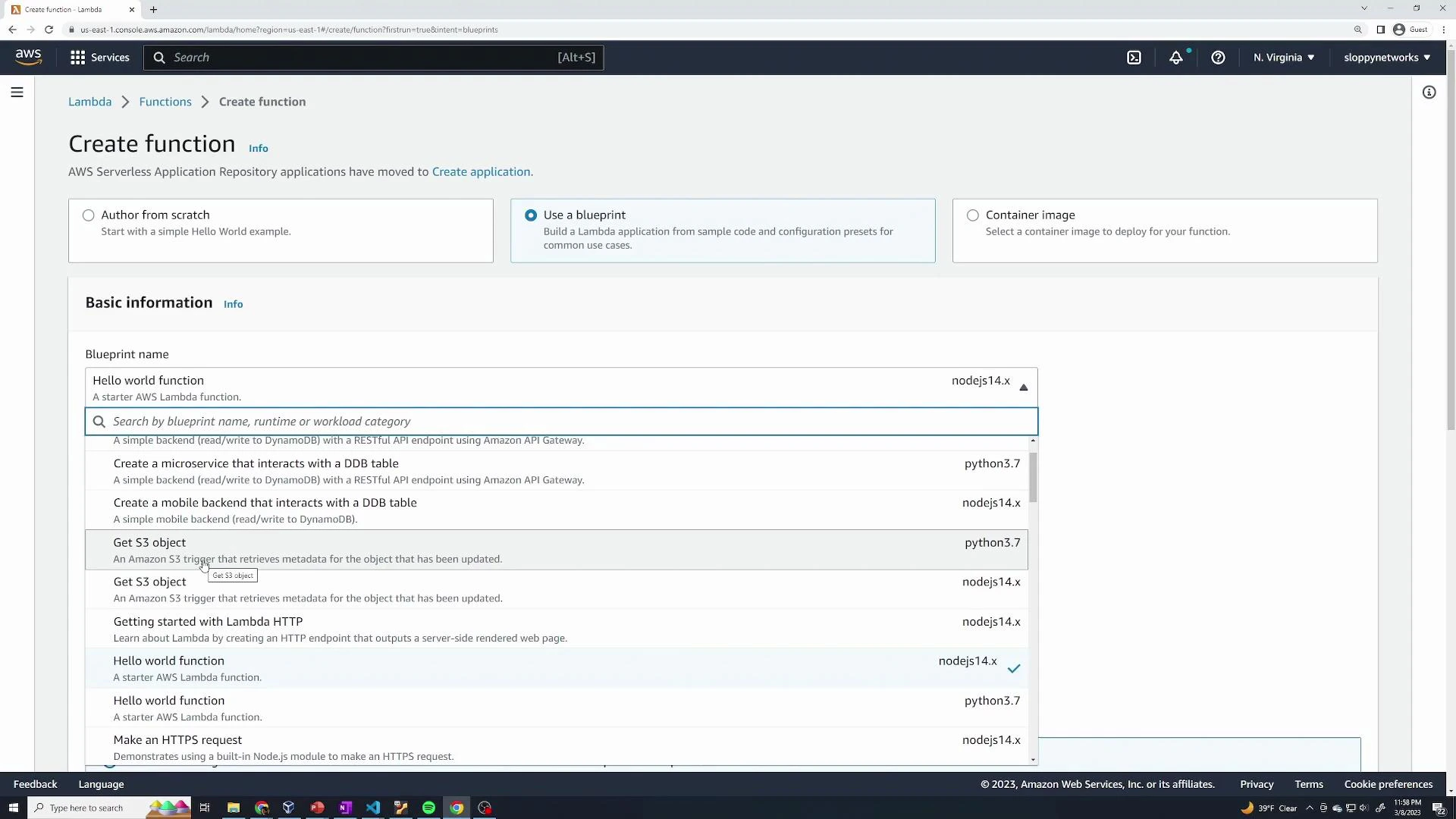 A screenshot of the AWS Management Console showing the Lambda "Create function" page with the "Use a blueprint" option selected and a list of blueprint templates (e.g., "Hello world function", "Get S3 object") and runtimes like nodejs14.x and python3.7. The page displays basic information fields for creating a new Lambda function.
