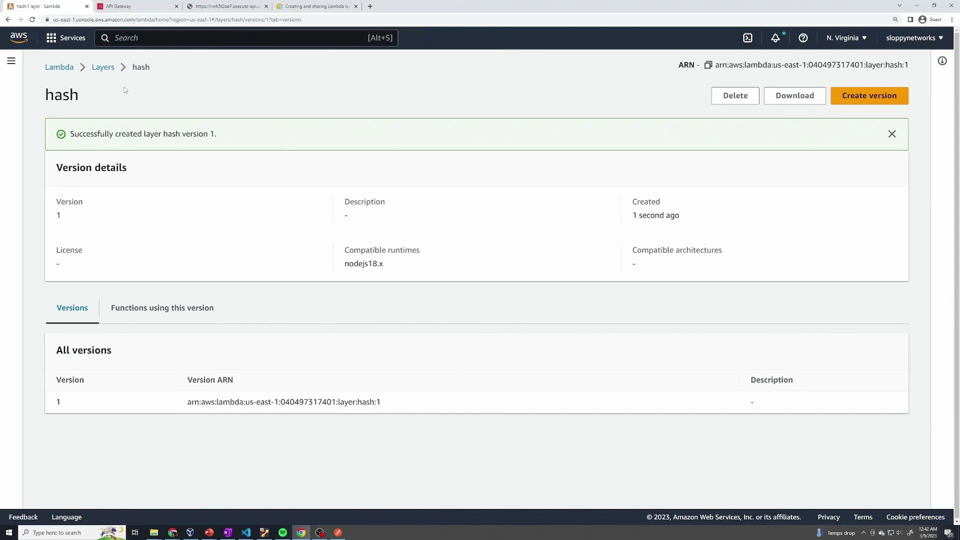 A screenshot of the AWS Lambda Layers console showing a layer named "hash" with a success message for version 1 and its ARN. The Version details show compatible runtime nodejs18.x and action buttons (Delete, Download, Create version).