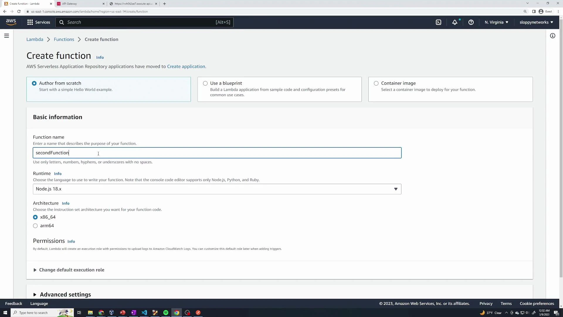 A screenshot of the AWS Lambda "Create function" page in the AWS console, showing the "Author from scratch" option selected. The form is filled with a function name "secondFunction", runtime Node.js 18.x, and x86_64 architecture selected.