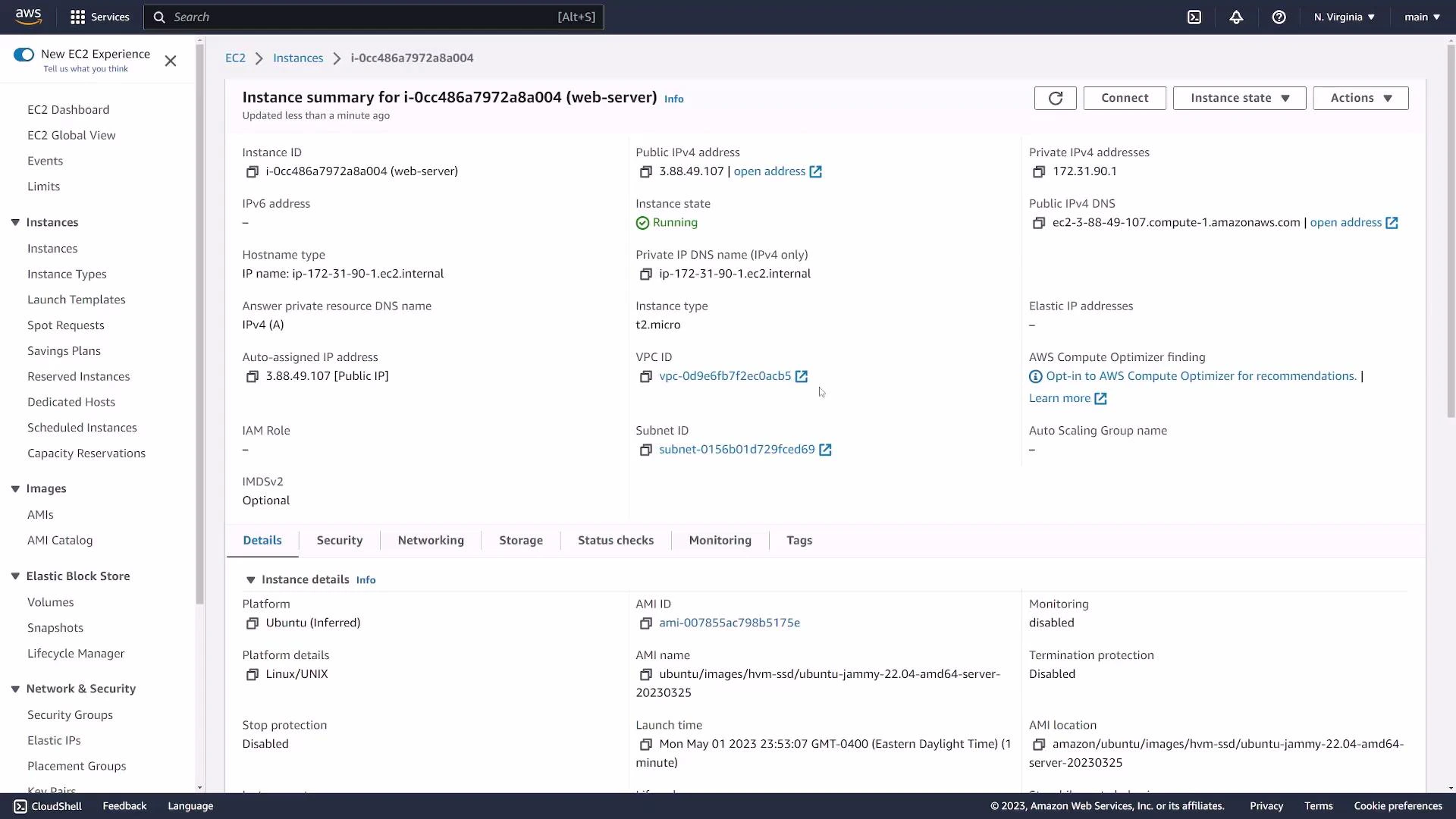 A screenshot of the AWS EC2 console showing an Instance summary for a running t2.micro web-server (instance ID, public/private IPs, VPC and subnet IDs, and AMI details). The left sidebar shows the EC2 navigation menu.