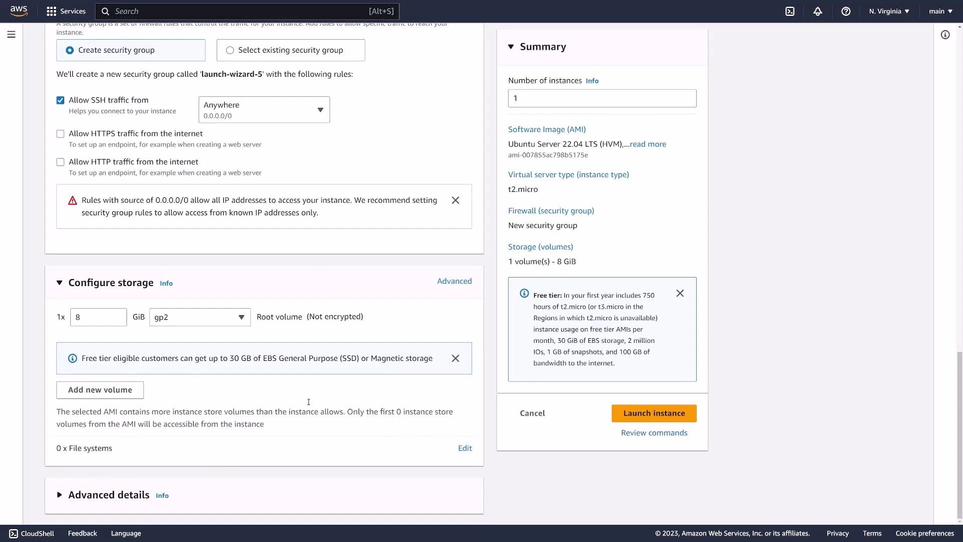 A screenshot of the AWS EC2 launch-instance console showing security group rules and storage configuration on the left. On the right is a summary panel with instance details (Ubuntu AMI, t2.micro, 8 GiB) and a "Launch instance" button.