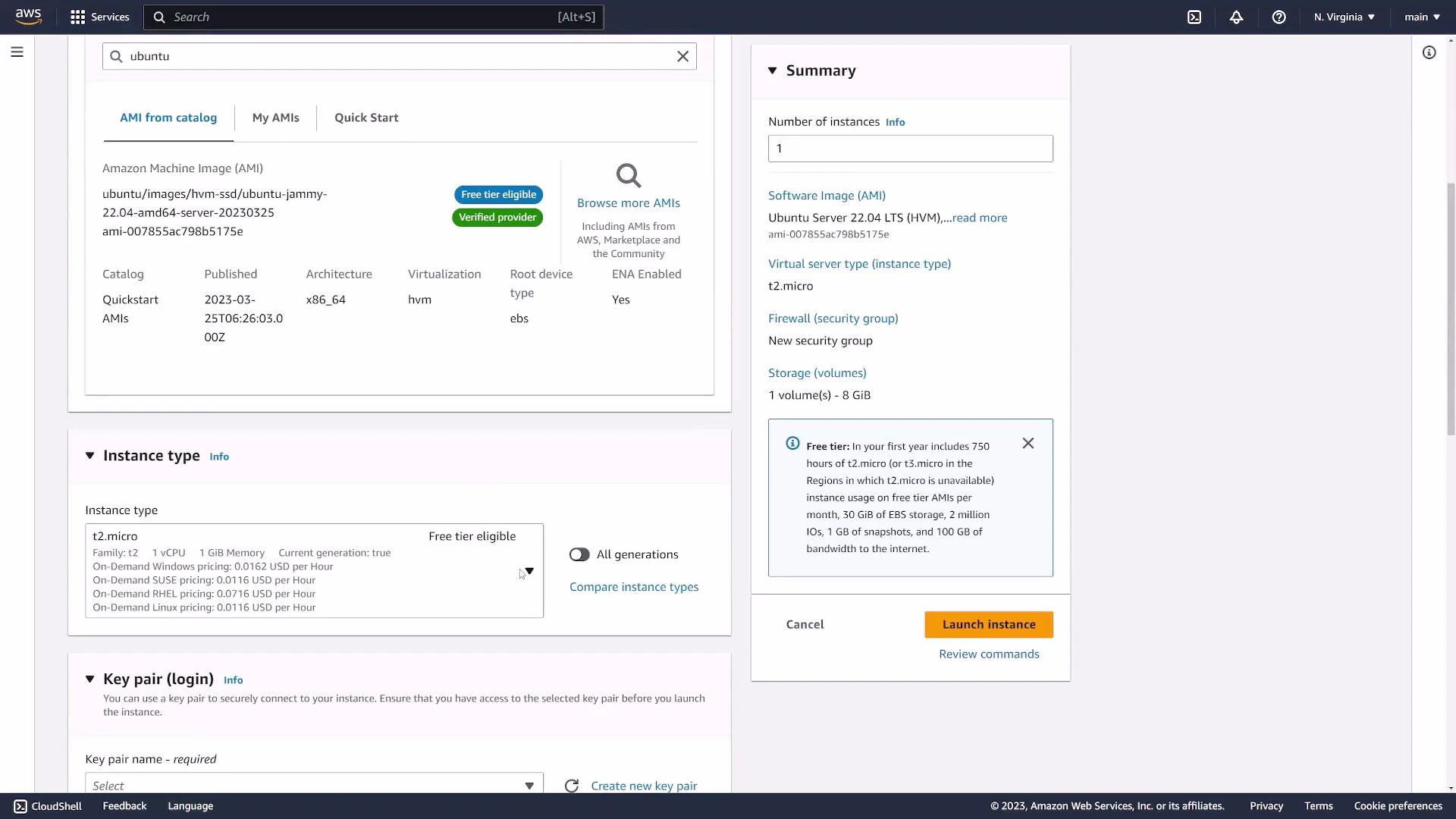 A screenshot of the AWS EC2 launch-instance interface showing an Ubuntu AMI selected, instance type t2.micro, and the Summary panel with storage, security group, and a "Launch instance" button.
