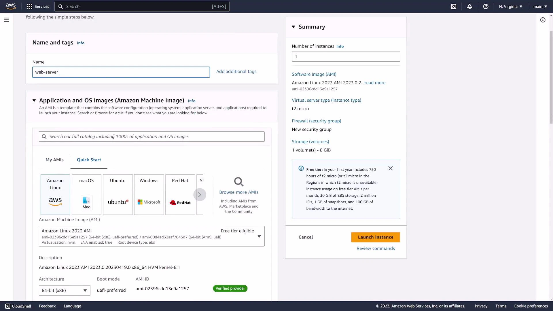 A screenshot of the AWS EC2 "Launch instance" page showing the Name field set to "web-server" and the AMI/OS selection area. The right-hand Summary panel shows an Amazon Linux 2023 AMI, a t2.micro instance type, storage details, and a "Launch instance" button.