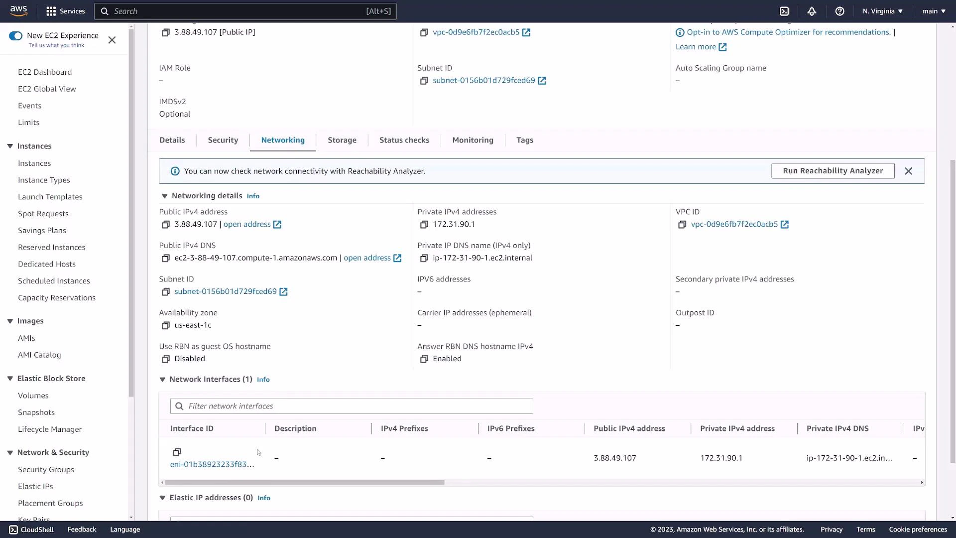A screenshot of the AWS EC2 Management Console showing an EC2 instance's Networking tab. It displays networking details like the public and private IPv4 addresses, subnet ID, VPC ID, and network interface information.