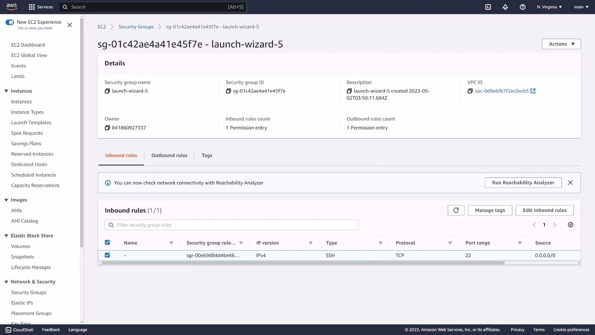 A screenshot of the AWS EC2 Security Groups console showing details for security group sg-01c42ae4a41e45f7e named "launch-wizard-5." The inbound rules list shows SSH (TCP port 22) allowed from 0.0.0.0/0.