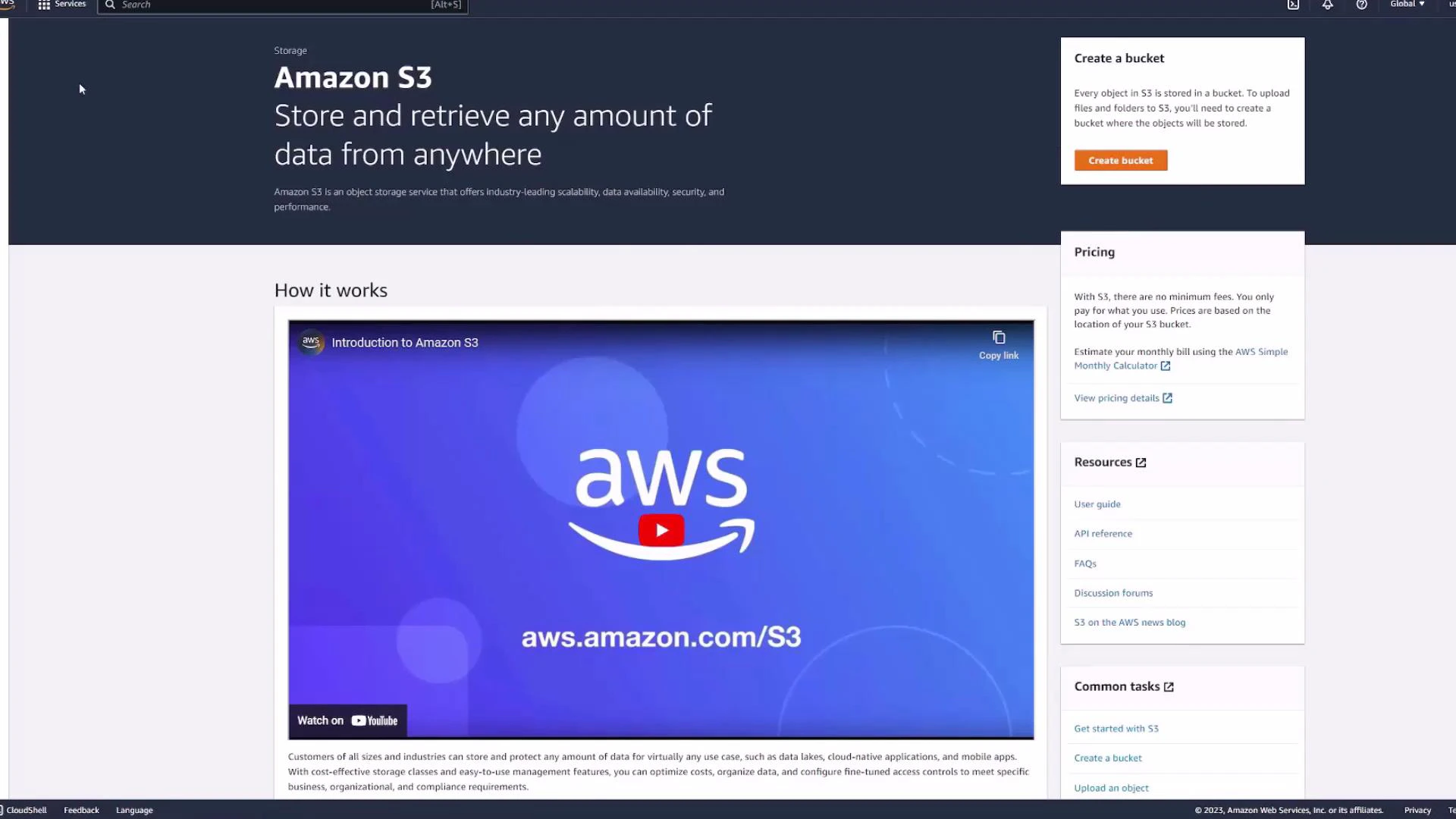 A screenshot of the Amazon S3 webpage showing the headline "Store and retrieve any amount of data from anywhere," a large AWS video thumbnail, and a right-hand sidebar with panels for creating a bucket, pricing, resources, and common tasks.