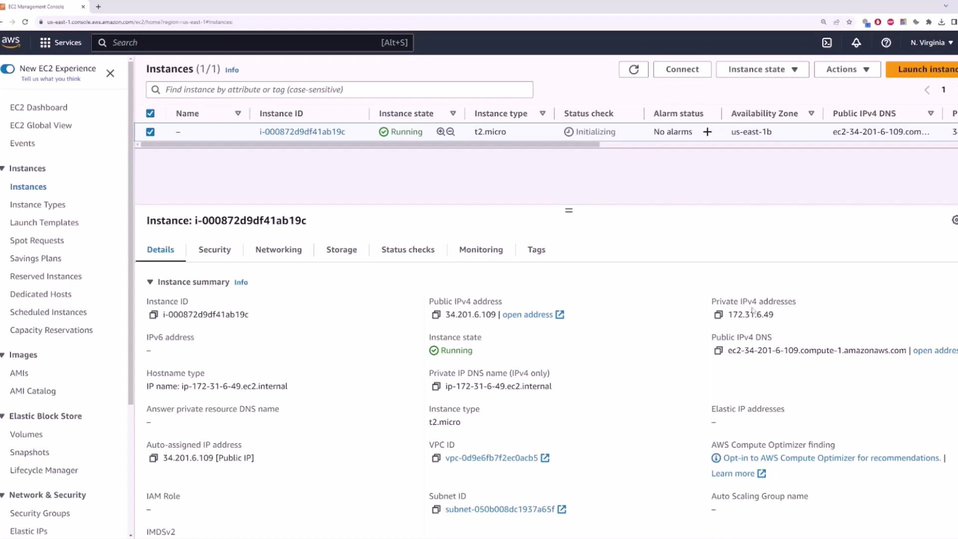A screenshot of the AWS EC2 Management Console showing an EC2 instance details pane. It shows a running instance (i-000872d9df41ab19c) with instance type t2.micro and public IPv4 34.201.6.109.