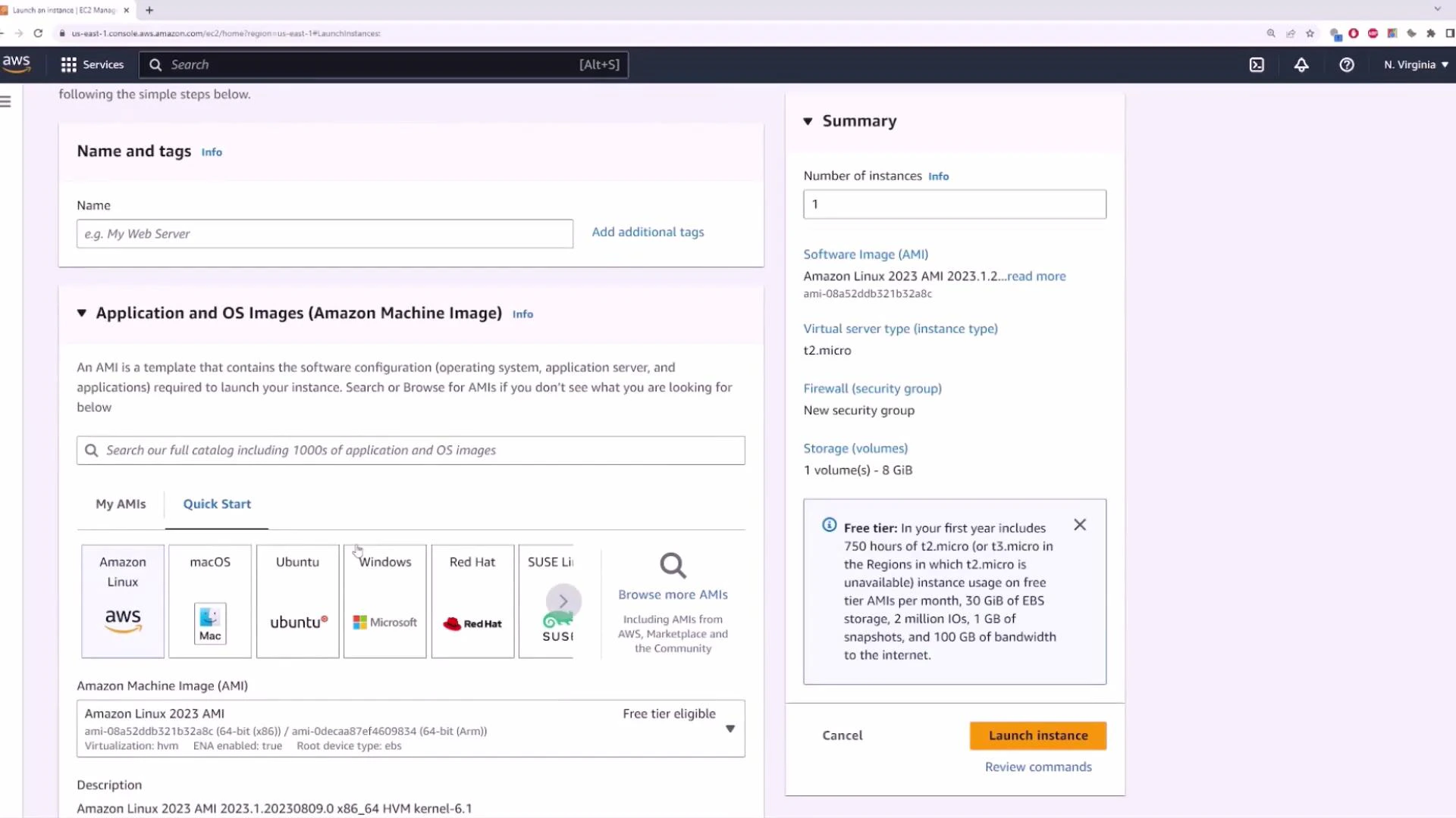 A screenshot of the AWS EC2 "Launch an instance" console showing the Name and tags and Application and OS Images (AMI) selection area on the left and a Summary panel on the right. The summary lists settings like 1 instance, Amazon Linux AMI, t2.micro, storage details and a "Launch instance" button.