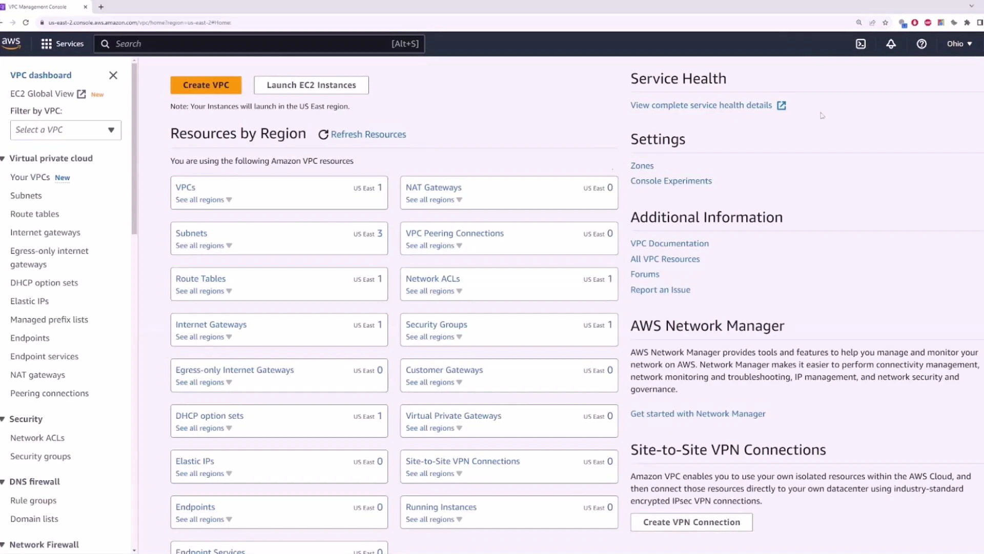A screenshot of the AWS VPC Management Console showing the "Resources by Region" dashboard with counts for VPCs, subnets, route tables, security groups, and other VPC resources. The left sidebar shows VPC navigation (subnets, route tables, internet gateways) and the top has buttons for "Create VPC" and "Launch EC2 Instances."