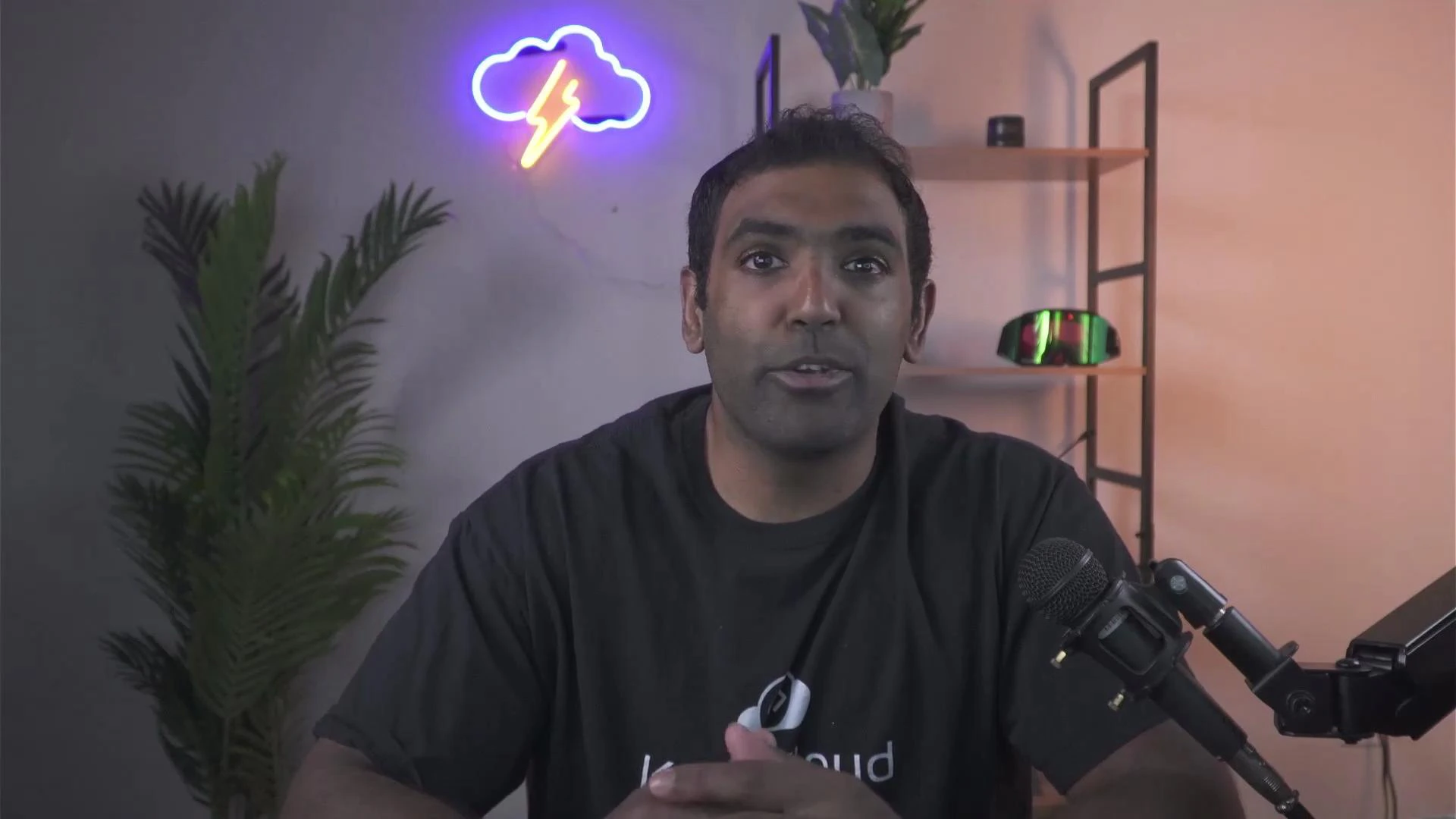A person sits at a desk speaking into a microphone, framed by a neon cloud-and-lightning sign, a plant, and a shelving unit in the background. They wear a dark t-shirt and appear to be recording or streaming.