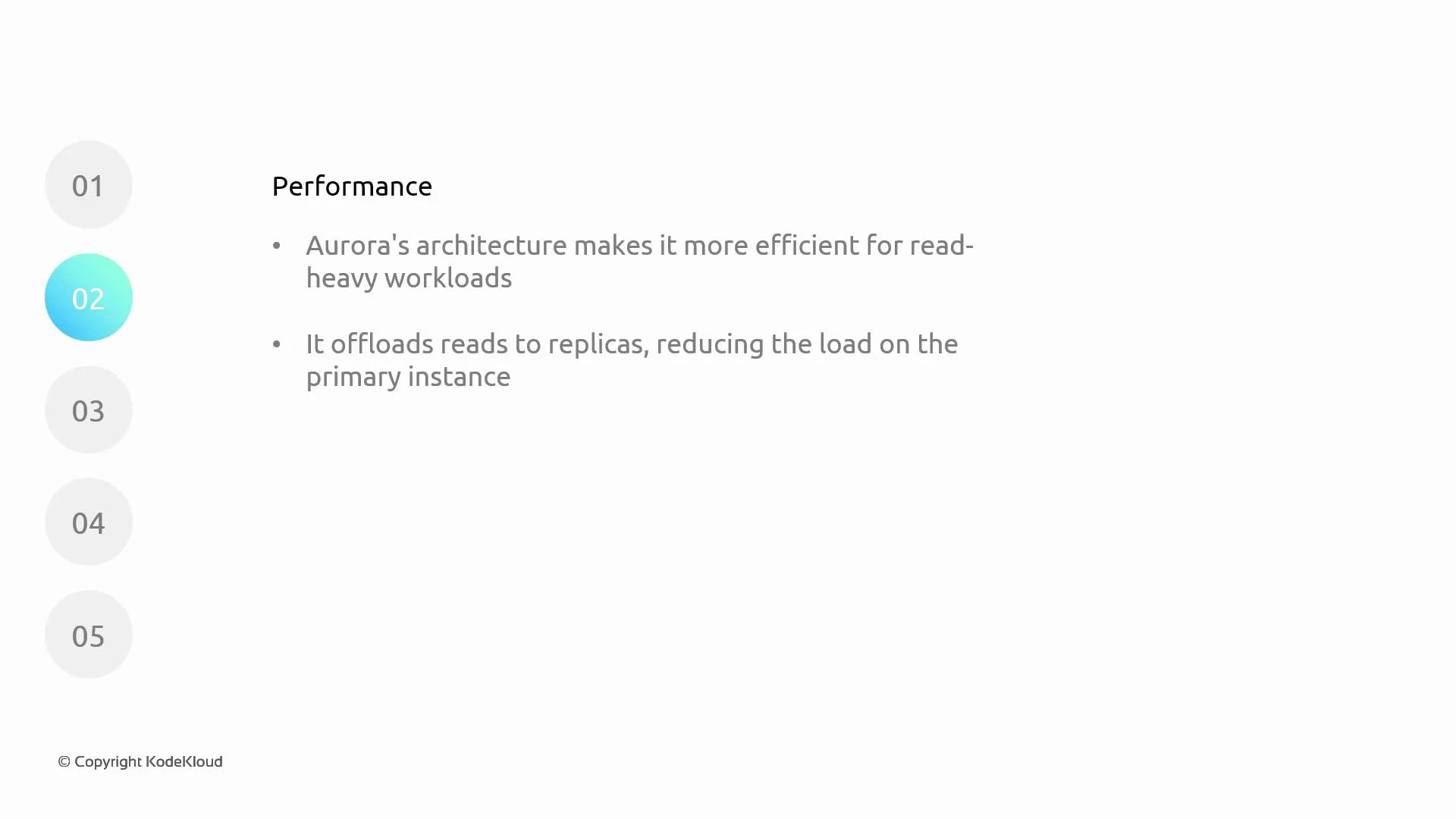 A presentation slide titled "Performance" noting that Aurora's architecture is more efficient for read-heavy workloads and offloads reads to replicas to reduce load on the primary instance. A vertical step menu on the left shows items 01–05 with "02" highlighted and a small "© Copyright KodeKloud" at the bottom.