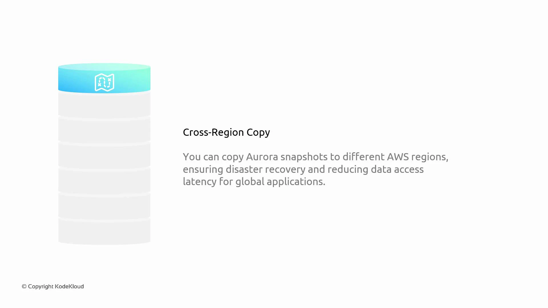 A slide titled "Cross-Region Copy" explaining that Aurora snapshots can be copied to different AWS regions for disaster recovery and reduced data-access latency. It also shows a stylized database cylinder with a map icon on top and a small "© Copyright KodeKloud" note.