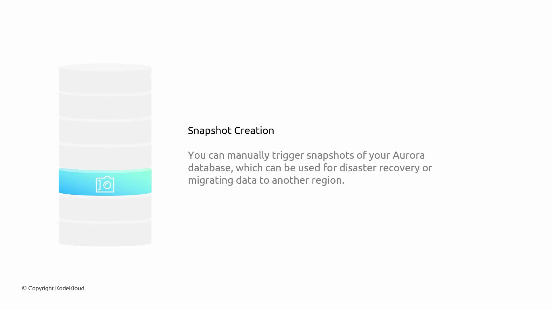 The image is a slide showing a stylized database cylinder with one highlighted layer containing a camera icon. To the right is the heading "Snapshot Creation" and text explaining you can manually trigger Aurora database snapshots for disaster recovery or migrating data to another region.