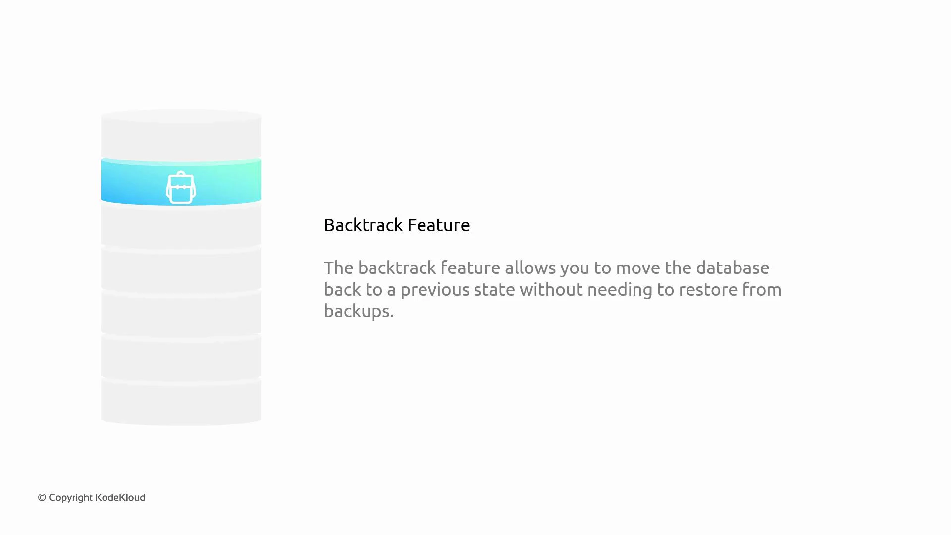 A slide showing a stylized database cylinder with a highlighted band containing a small backpack icon. To the right is the heading "Backtrack Feature" and text explaining it lets you move the database back to a previous state without restoring from backups.