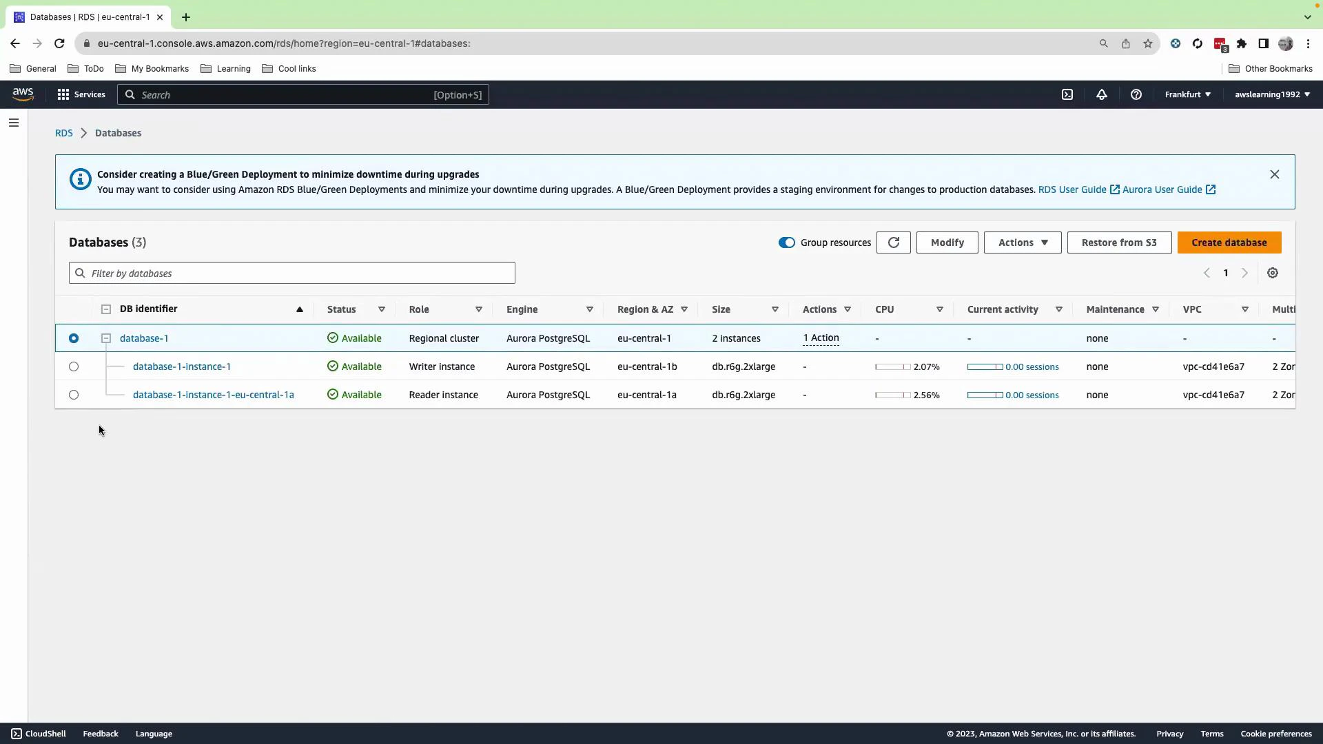 A screenshot of the AWS RDS Databases console showing an Aurora PostgreSQL cluster named "database-1" (eu-central-1) with available writer and reader instances listed. The page shows instance roles, sizes, CPU/activity metrics, and a "Create database" button.