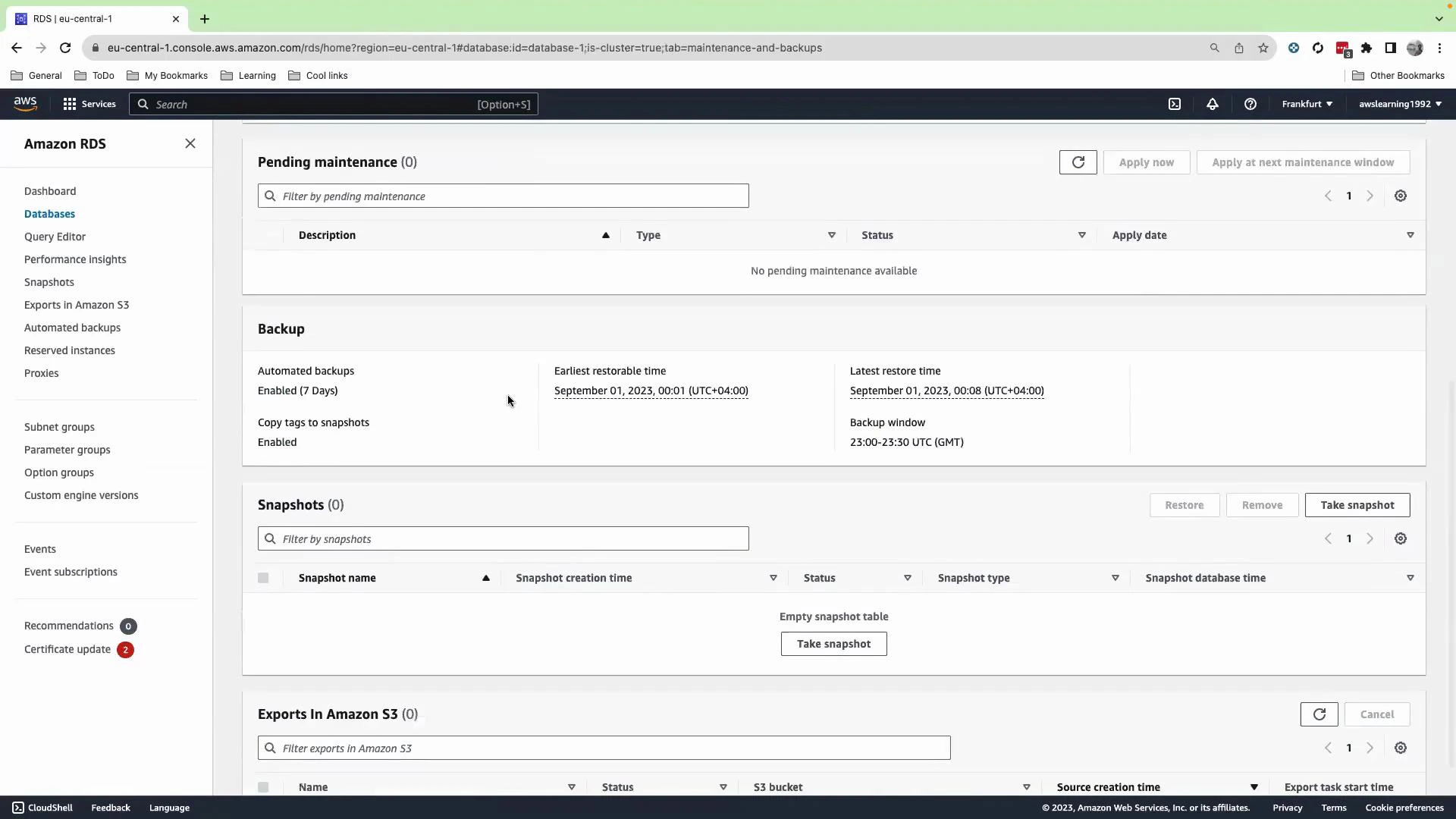 A screenshot of the Amazon RDS web console (eu-central-1) showing the Databases page. It displays Backup and Snapshots sections with automated backups enabled, no pending maintenance, and an empty snapshot table.