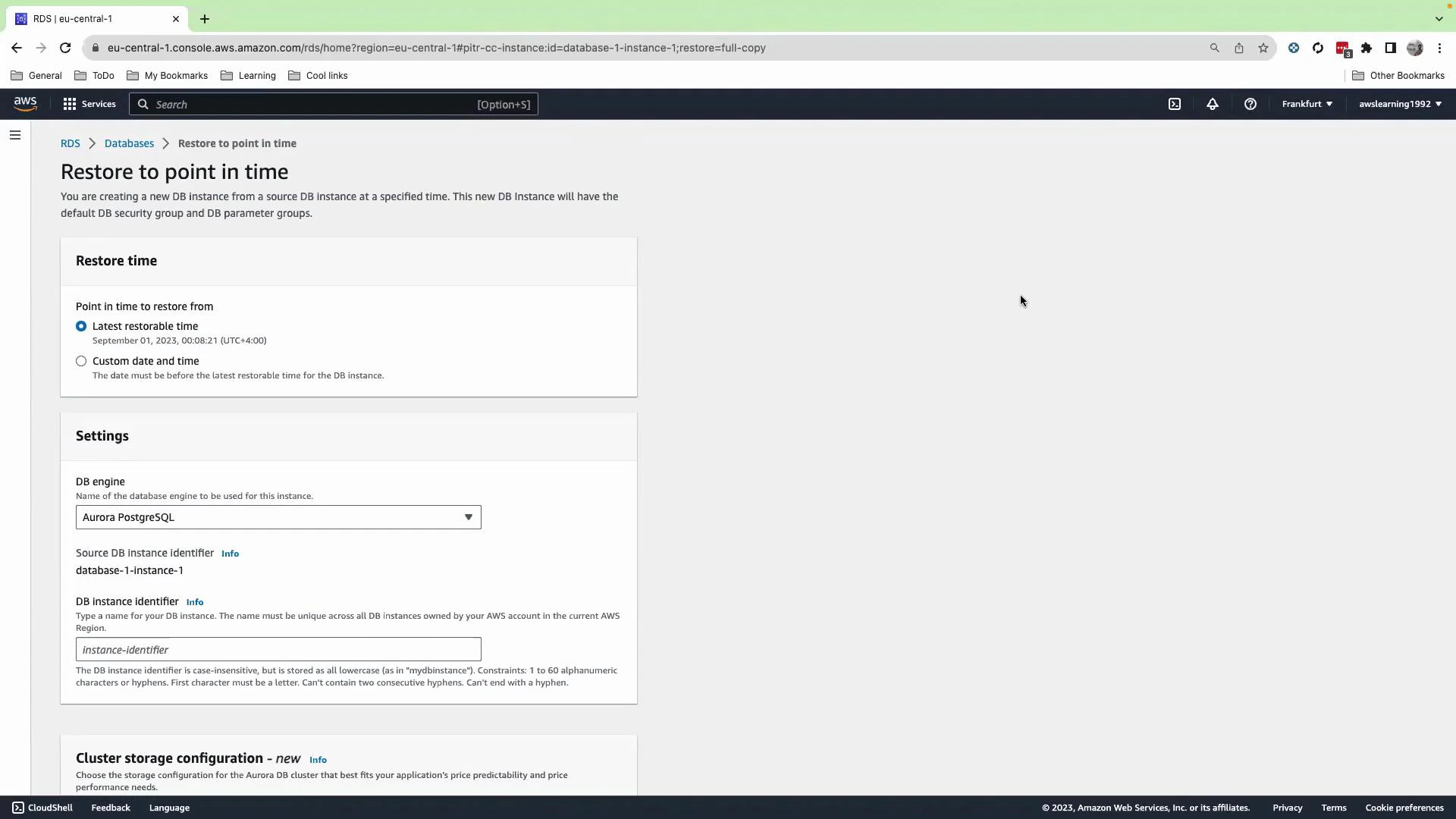 A screenshot of the AWS RDS console on the "Restore to point in time" page, showing options to select the restore time and settings. The DB engine dropdown is set to Aurora PostgreSQL and there is a field for the new DB instance identifier.
