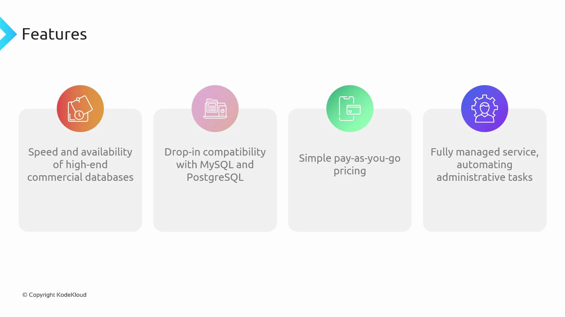 A presentation slide titled "Features" showing four rounded boxes with icons that list: speed and availability of high-end commercial databases; drop-in compatibility with MySQL and PostgreSQL; simple pay-as-you-go pricing; and a fully managed service automating administrative tasks. The slide includes a small "© Copyright KodeKloud" notice in the lower-left.