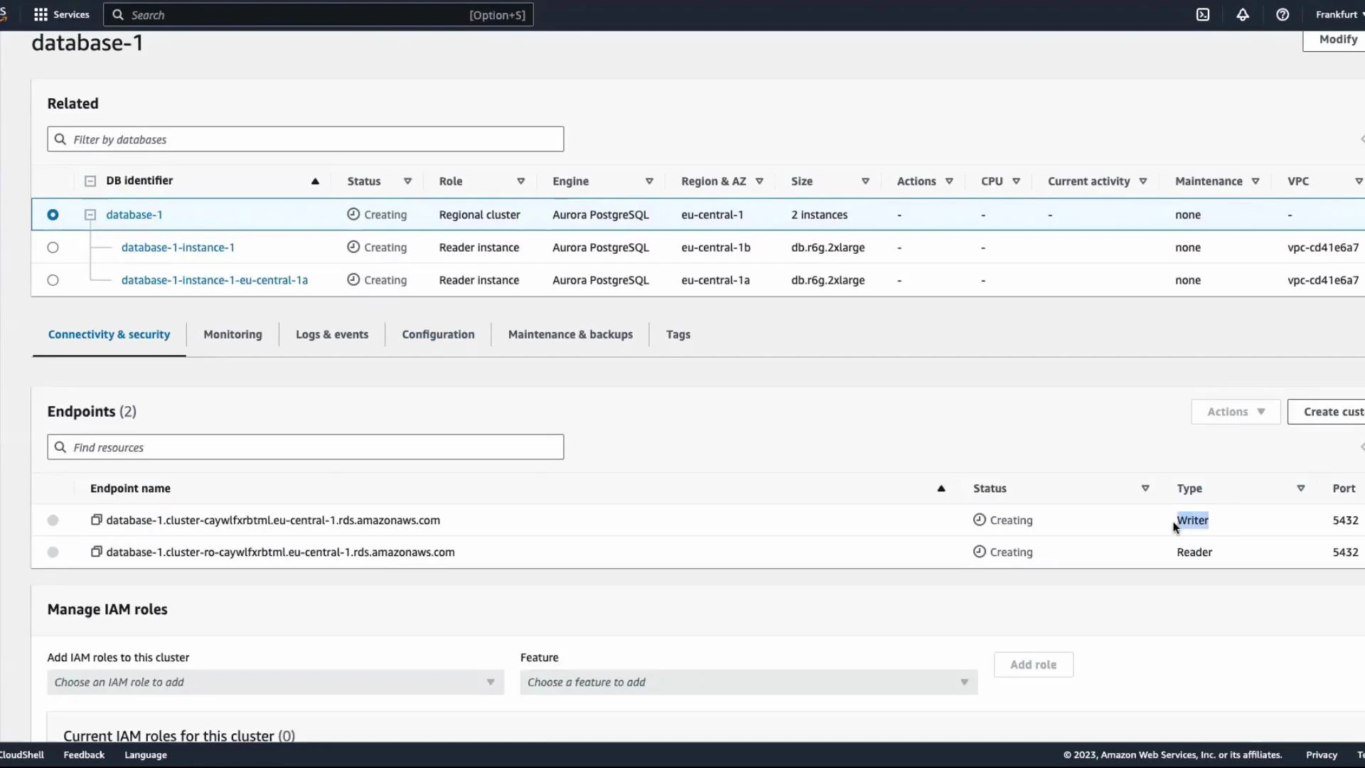 Screenshot of the AWS RDS console showing an Aurora PostgreSQL cluster named "database-1" with two reader instances and endpoints listed. The instances and endpoints are shown as "Creating" in the eu-central-1 region.