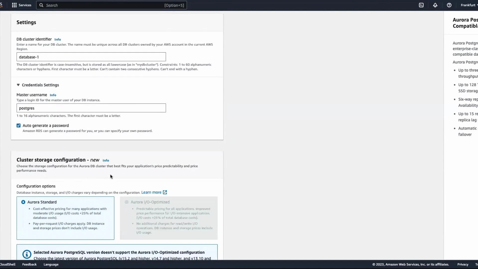 A screenshot of the AWS RDS console for creating an Aurora PostgreSQL DB cluster, showing the DB cluster identifier set to "database-1" and the master username "postgres" with auto-generate password checked. The lower section shows cluster storage configuration options with "Aurora Standard" highlighted.