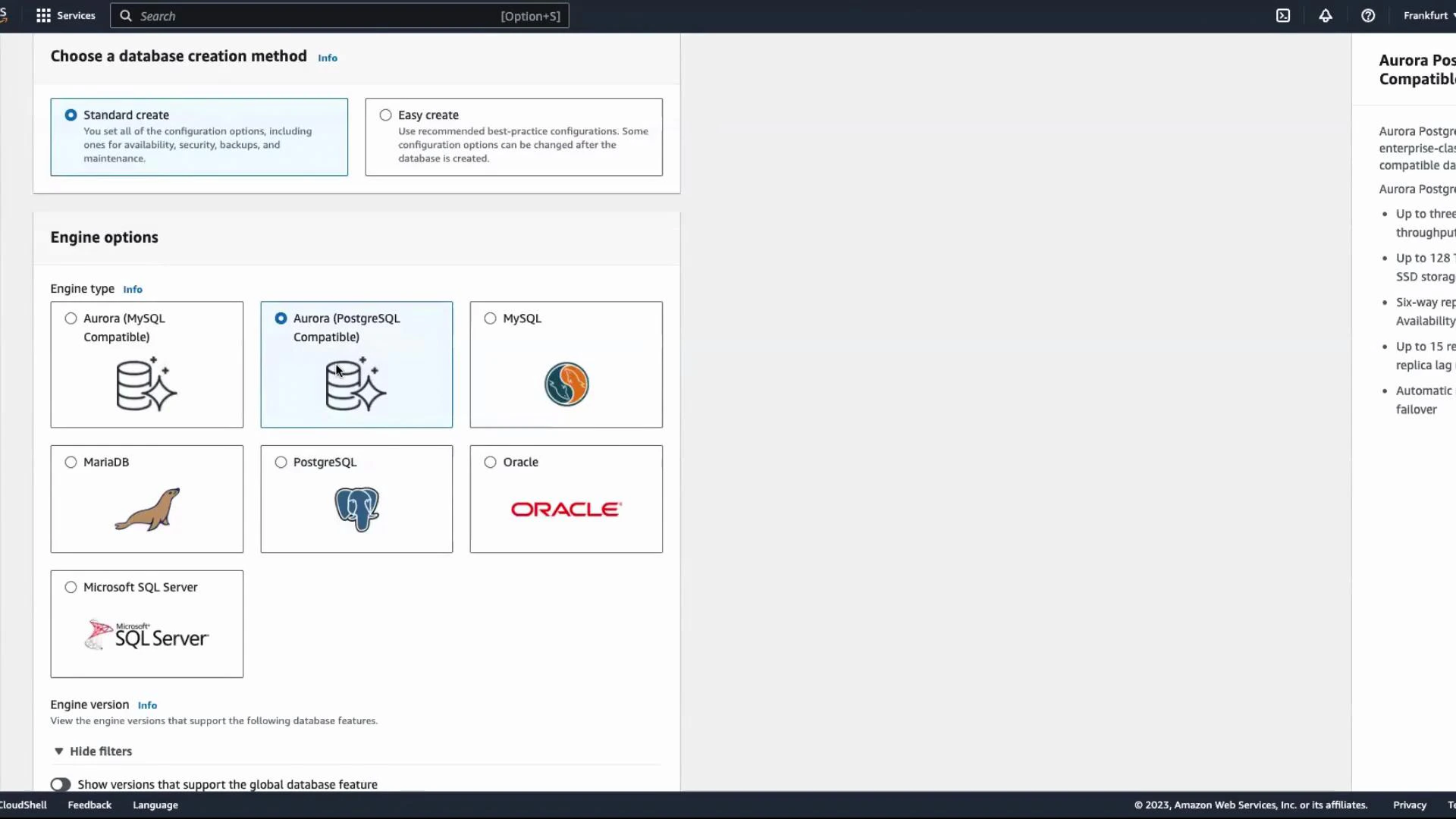 Screenshot of the AWS RDS database creation page showing "Choose a database creation method" and various engine options. The "Aurora (PostgreSQL Compatible)" engine is selected among choices like MySQL, MariaDB, PostgreSQL, Oracle, and SQL Server.