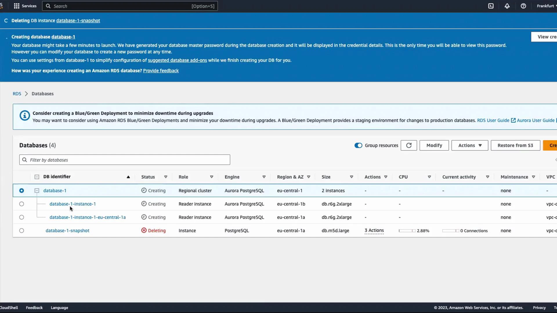A screenshot of the Amazon RDS console showing a Databases list for Aurora PostgreSQL. It shows a regional cluster "database-1" and reader instances in creating state, with a "database-1-snapshot" entry being deleted.