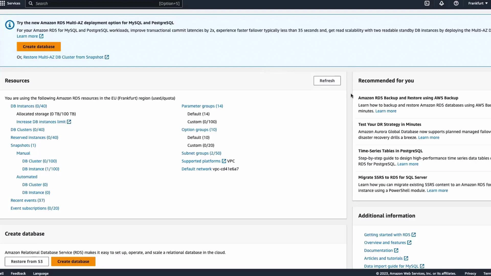 A screenshot of the Amazon RDS console (EU — Frankfurt) showing a Resources summary, a prominent "Create database" button, and a "Recommended for you" panel with links and tips.