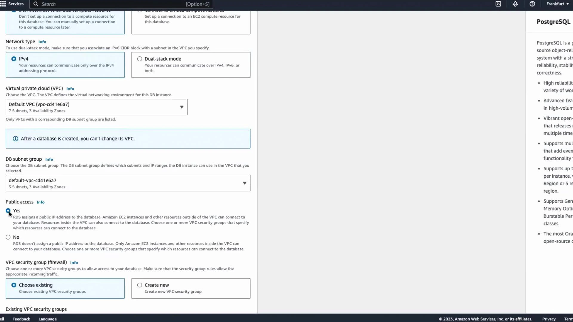 A screenshot of the AWS RDS database setup screen showing network settings — Network type (IPv4), VPC and DB subnet group selection, Public access set to Yes, and VPC security group options. A right-hand panel shows descriptive information about PostgreSQL.