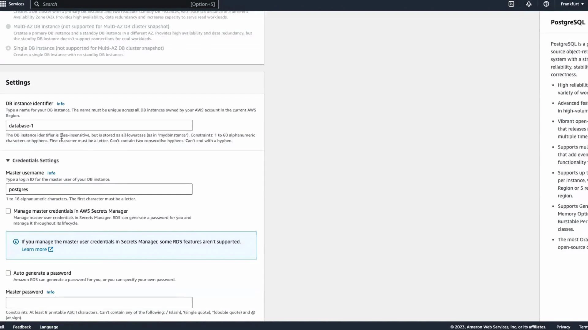A screenshot of the AWS RDS console for creating a PostgreSQL instance, showing the Settings panel with DB instance identifier set to "database-1" and master username "postgres." The right side displays PostgreSQL product information.