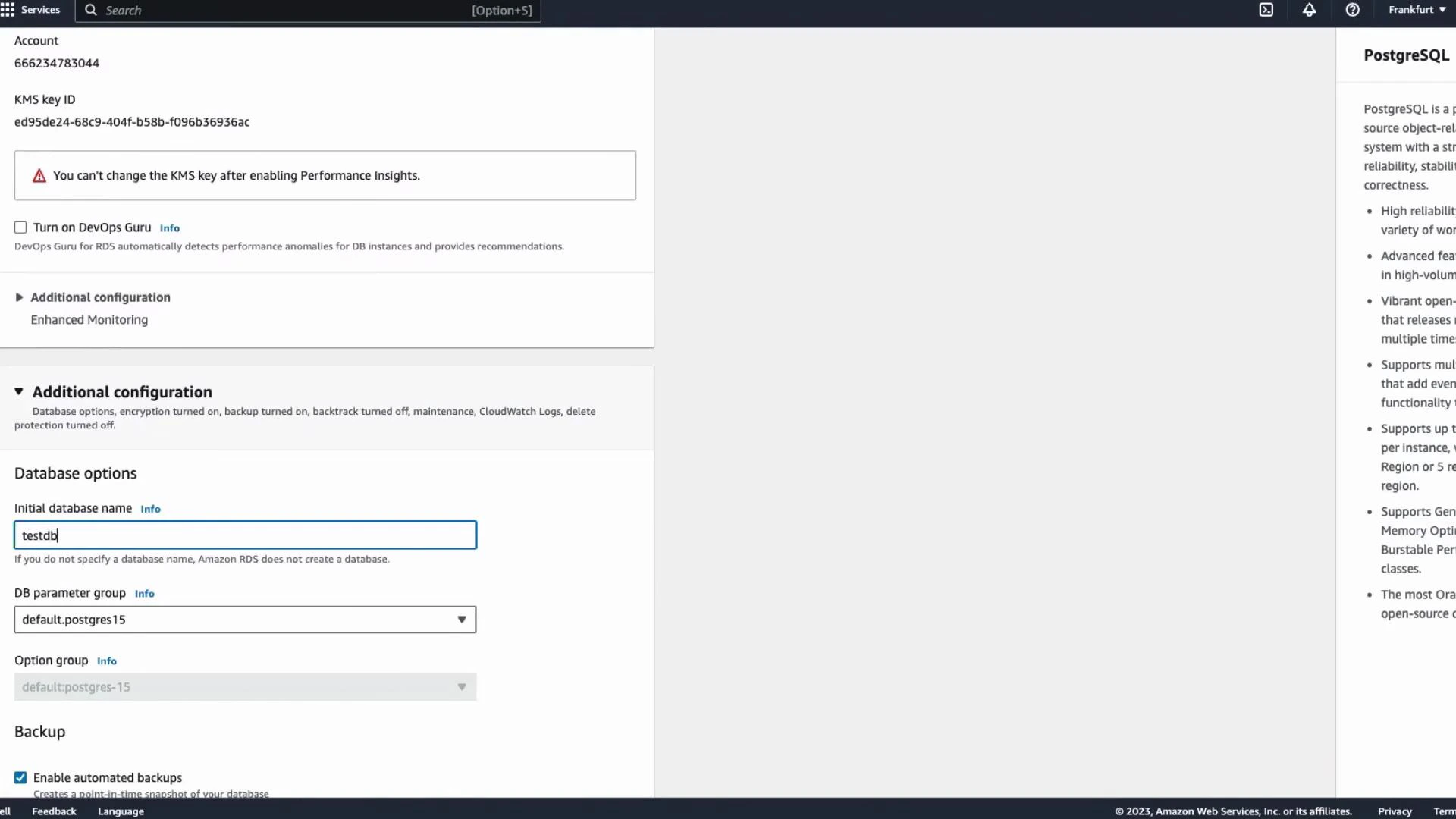 A screenshot of the Amazon RDS configuration page for creating a PostgreSQL instance, showing "Additional configuration" and database options with the initial database name set to "testdb." The page also shows a KMS key ID and a warning that the KMS key can't be changed after enabling Performance Insights.
