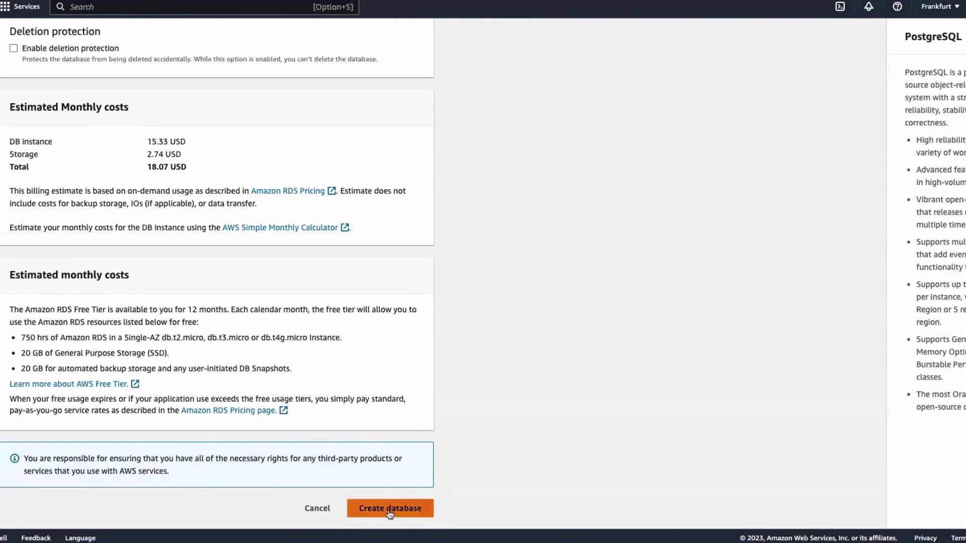 A screenshot of the AWS RDS console showing estimated monthly costs and free-tier details for a PostgreSQL DB instance. The "Create database" button is visible and highlighted at the bottom.