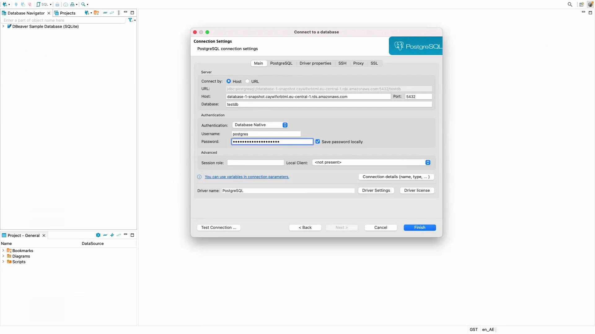 A screenshot of a database client showing a "Connect to a database" dialog for PostgreSQL with fields for host, port, database, username and password. The left pane shows a Database Navigator with a sample SQLite database and project folders.