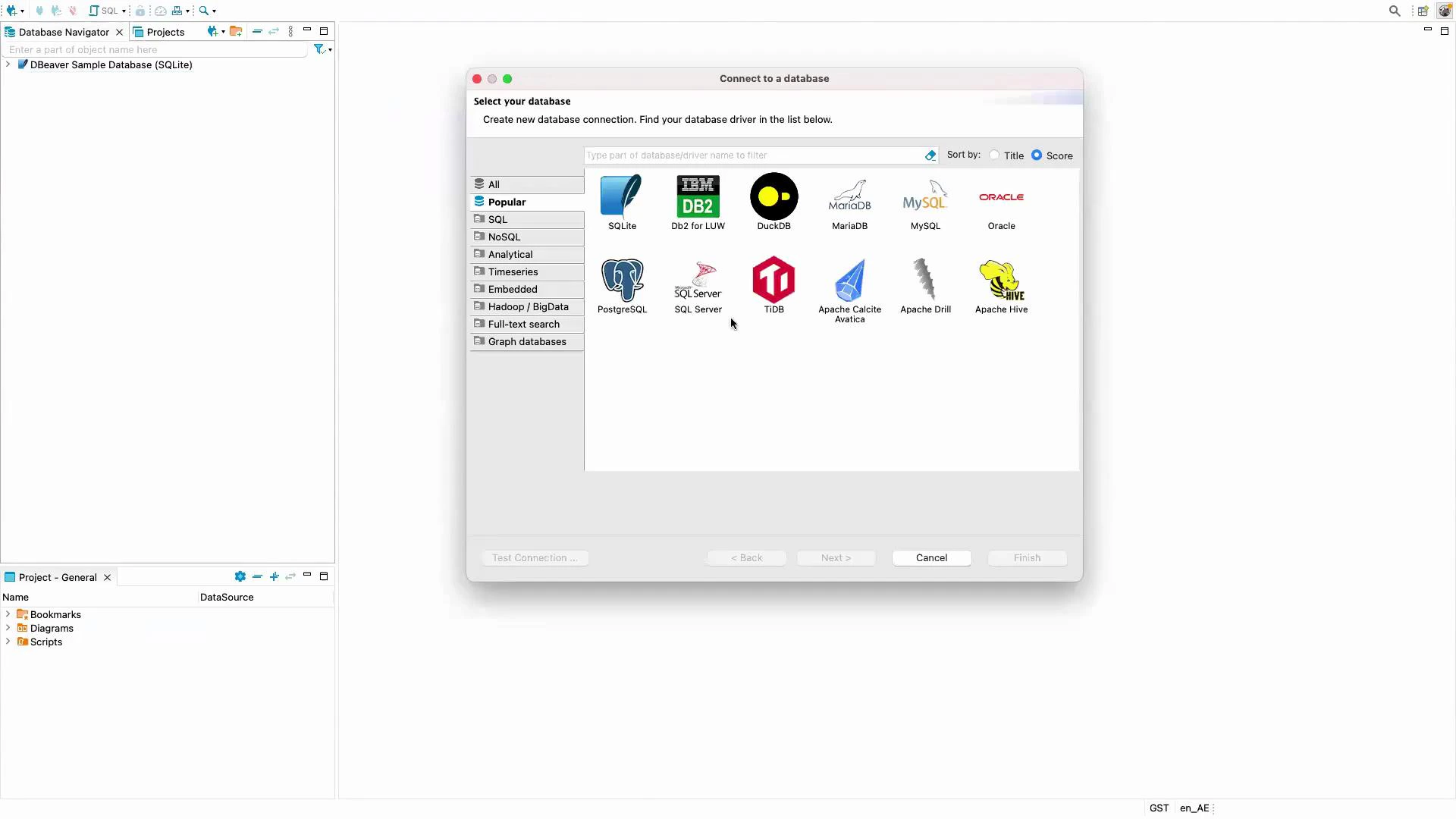 A screenshot of the DBeaver database GUI showing the "Connect to a database" dialog with icons for various database types (SQLite, DB2, DuckDB, MariaDB, MySQL, Oracle, PostgreSQL, SQL Server, TiDB, Apache tools, Hive, etc.). The left side shows a Database Navigator with a sample SQLite database and a project panel below.