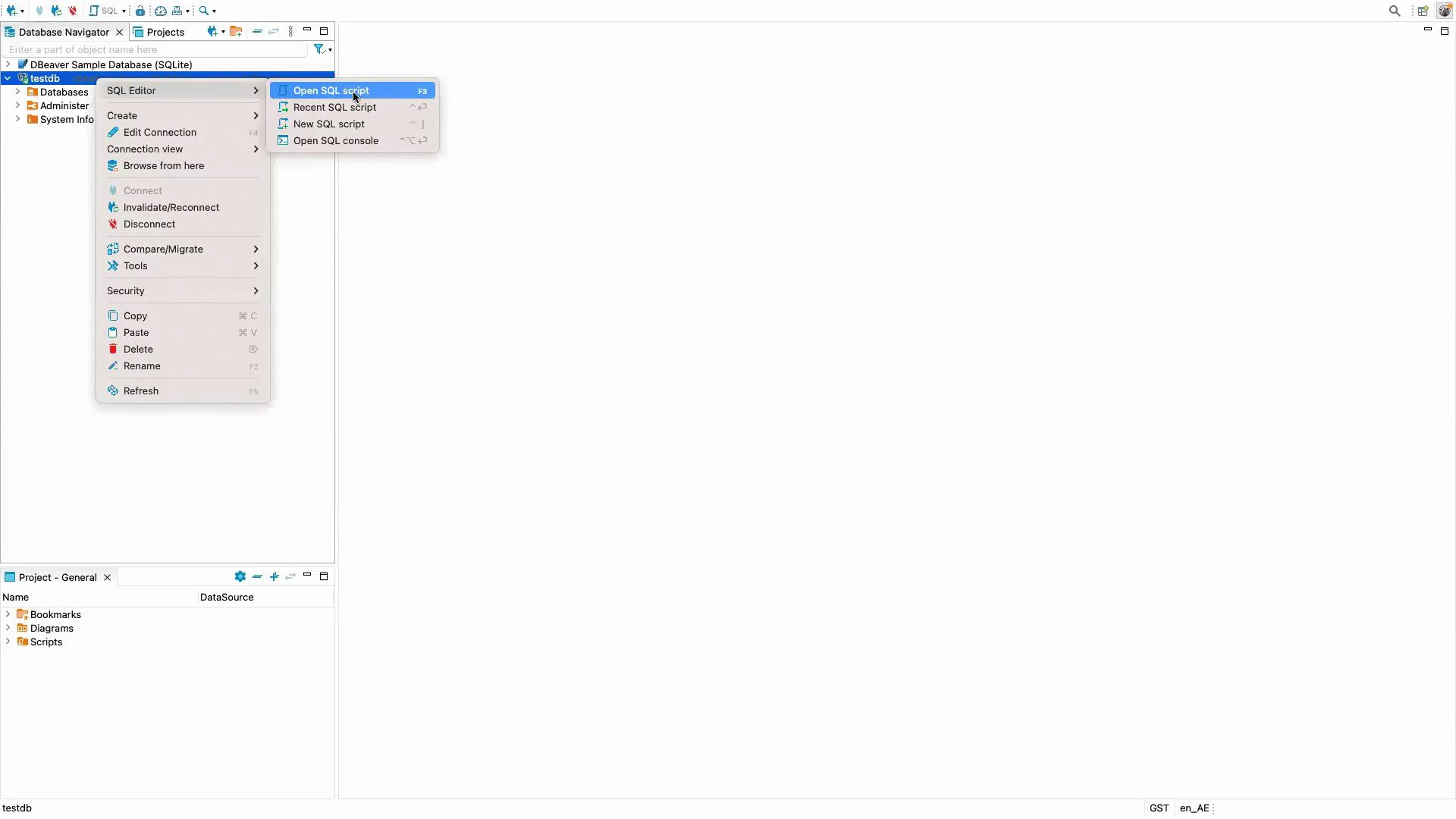 A screenshot of a database IDE (DBeaver) showing the Database Navigator on the left with a context menu open for a "testdb" connection (highlighting "Open SQL script") and a large empty editor area on the right. The bottom pane shows a "Project - General" panel with Bookmarks, Diagrams, and Scripts.